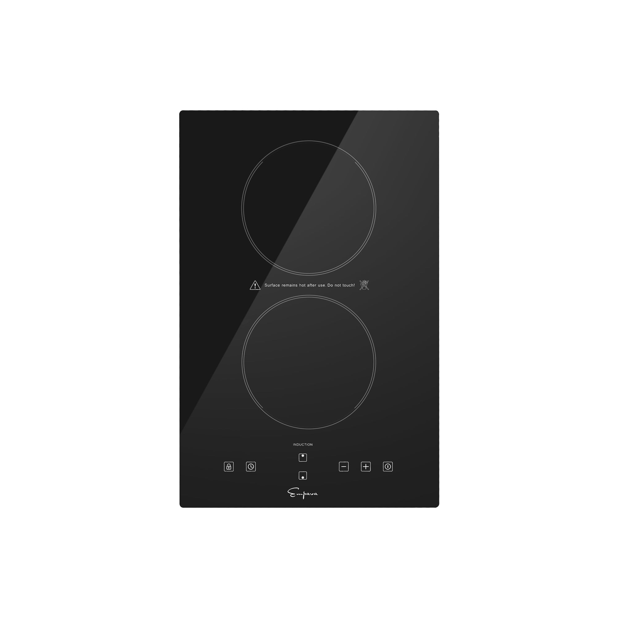 The Empava 12 inch Portable Induction Cooktop in black features a rectangular design with two circular heating zones arranged vertically. The control panel, located at the bottom, includes touch buttons for power, temperature, and various settings. A warning sign and instruction text are visible between the heating zones.