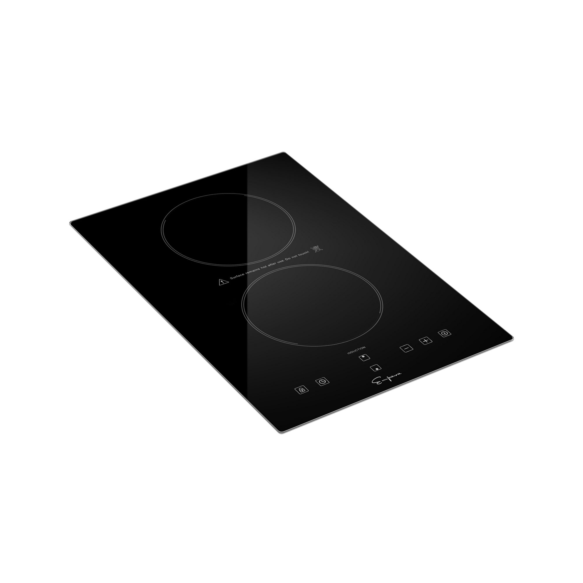 The Empava 12 inch Portable Induction Cooktop features a sleek black design with two cooking zones and bottom touch-control buttons. Its smooth, reflective surface includes icons indicating various function modes, embodying a minimalist and modern aesthetic.