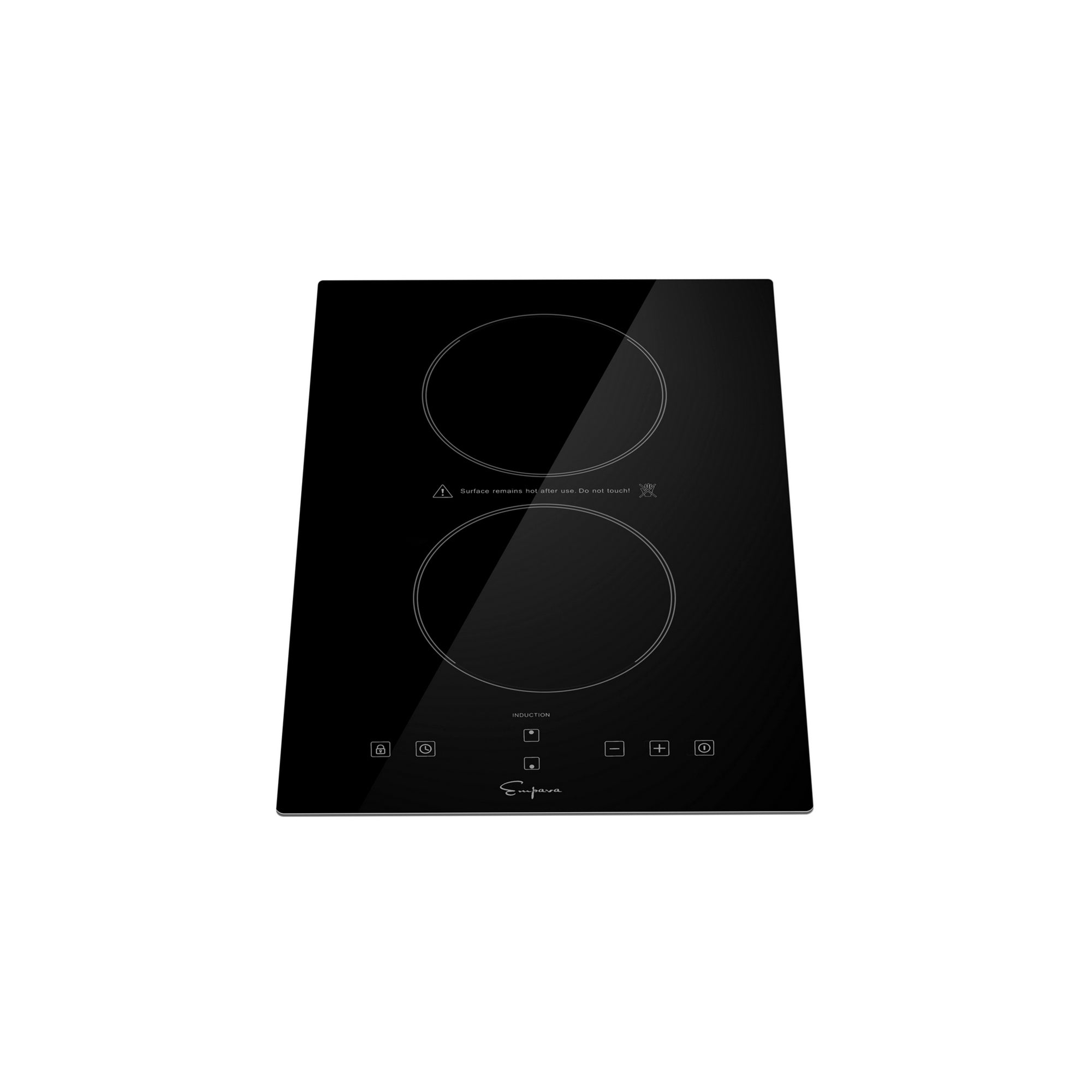 The Empava 12 inch Portable Induction Cooktop is a black, two-burner appliance with touch-sensitive controls. It boasts a sleek, minimalist design featuring circular cooking zones and function icons positioned at the bottom. The brand logo is prominently displayed at the front center.