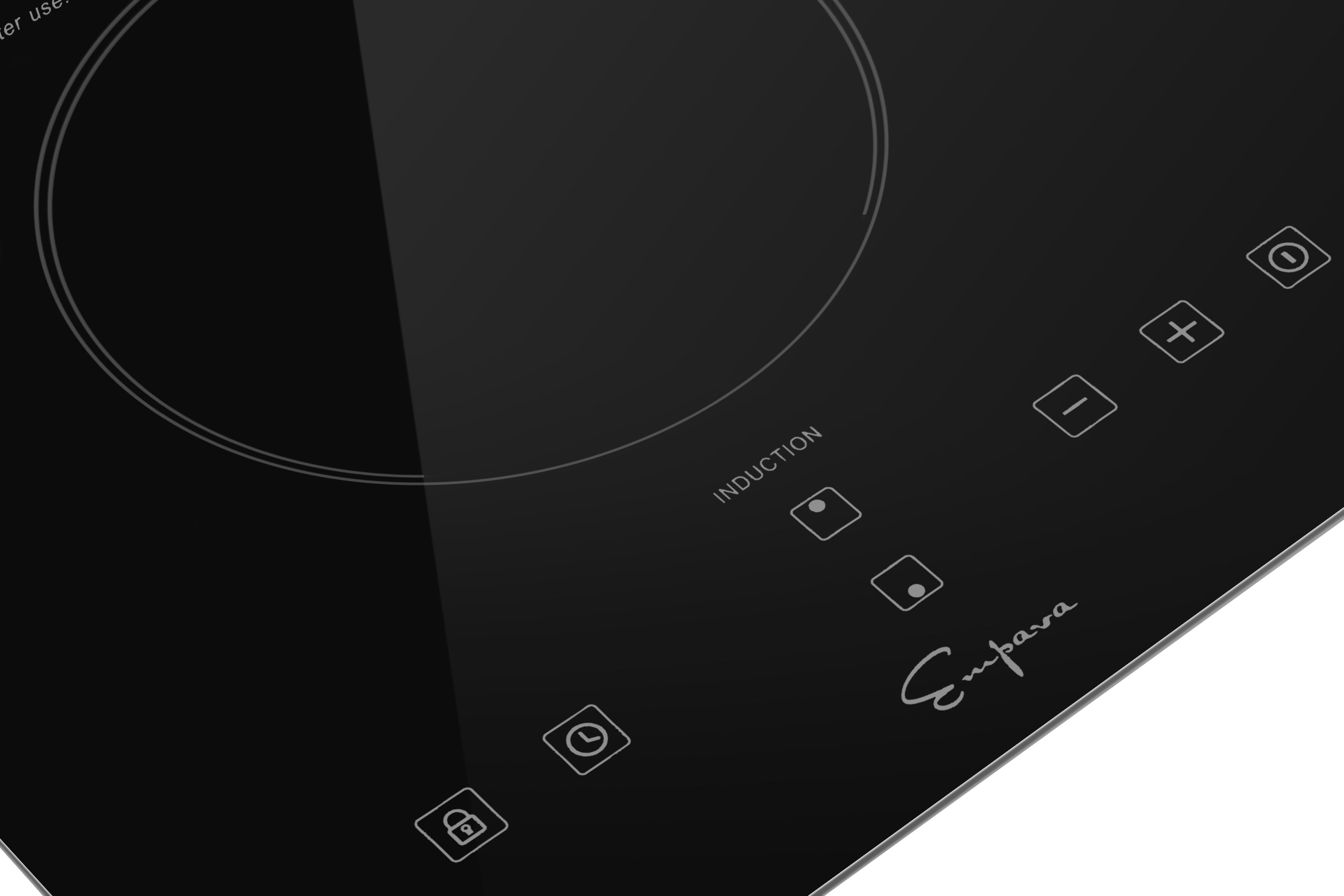 The Empava 12 inch Portable Induction Cooktop boasts a sleek black design with touch-sensitive control buttons. It features intuitive icons for power, temperature increase and decrease, timer, and a safety lock. The glossy, reflective surface includes a circular cooking zone. The brand name 'Empava' is prominently displayed, underscoring the high quality of Empava appliances.