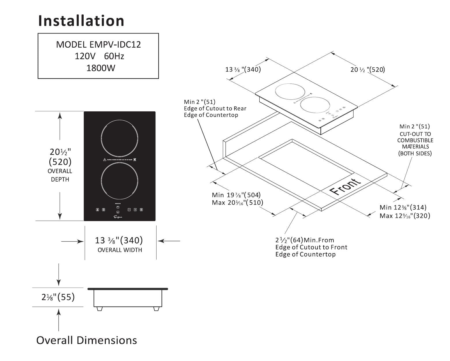 Here is the revised sentence:

"Diagram of an induction cooktop installation for the Empava 12 inch Portable Induction Cooktop, model EMPV-IDC12. The cooktop dimensions are 20 1/2 inches by 13 3/8 inches, with an overall depth of 2 1/8 inches. Cutout requirements and clearance distances are detailed, including from edges and combustible materials.