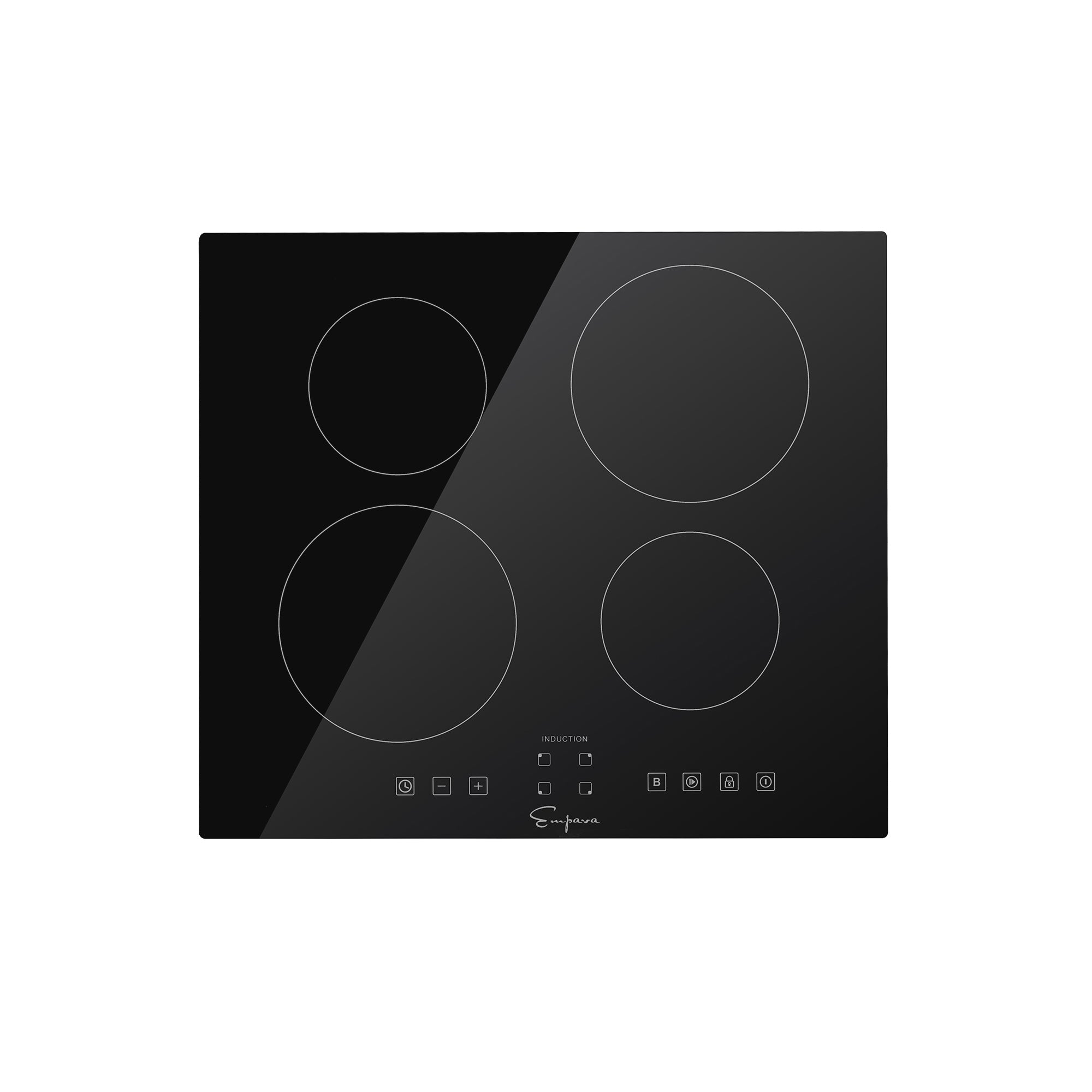 A top-down view of the Empava 24 in. W x 20.5 in. D Induction Cooktop reveals a black surface with four circular cooking zones, showcasing a sleek, glossy finish and minimalistic design. The cooktop features a few touch control buttons centrally located below the circles.