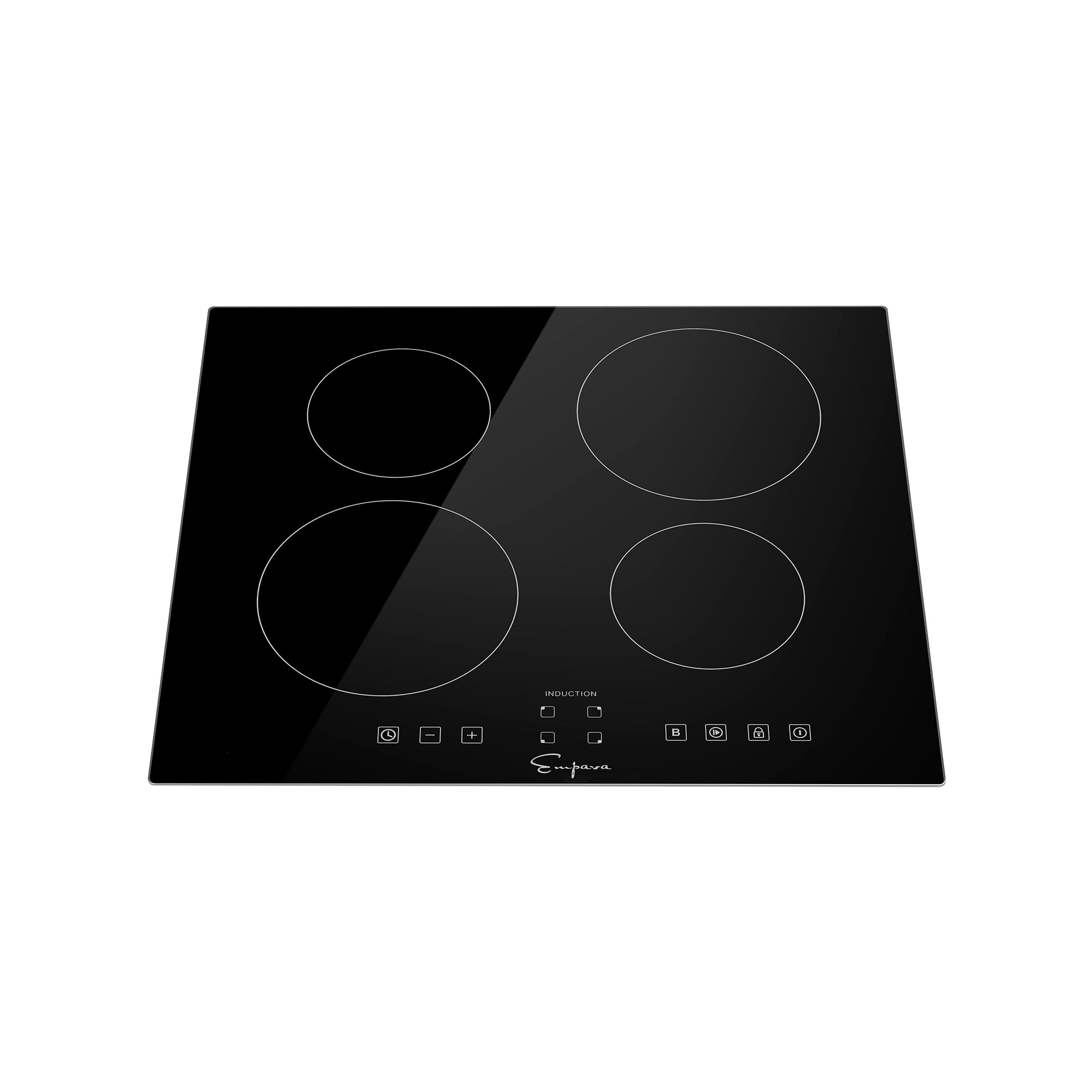 The Empava 24 in. W x 20.5 in. D Induction Cooktop features a sleek black design with four circular burners and touch control buttons along the bottom edge. The buttons provide power settings, a timer, and a lock function. Its glossy surface is surrounded by a thin black frame for a modern look.