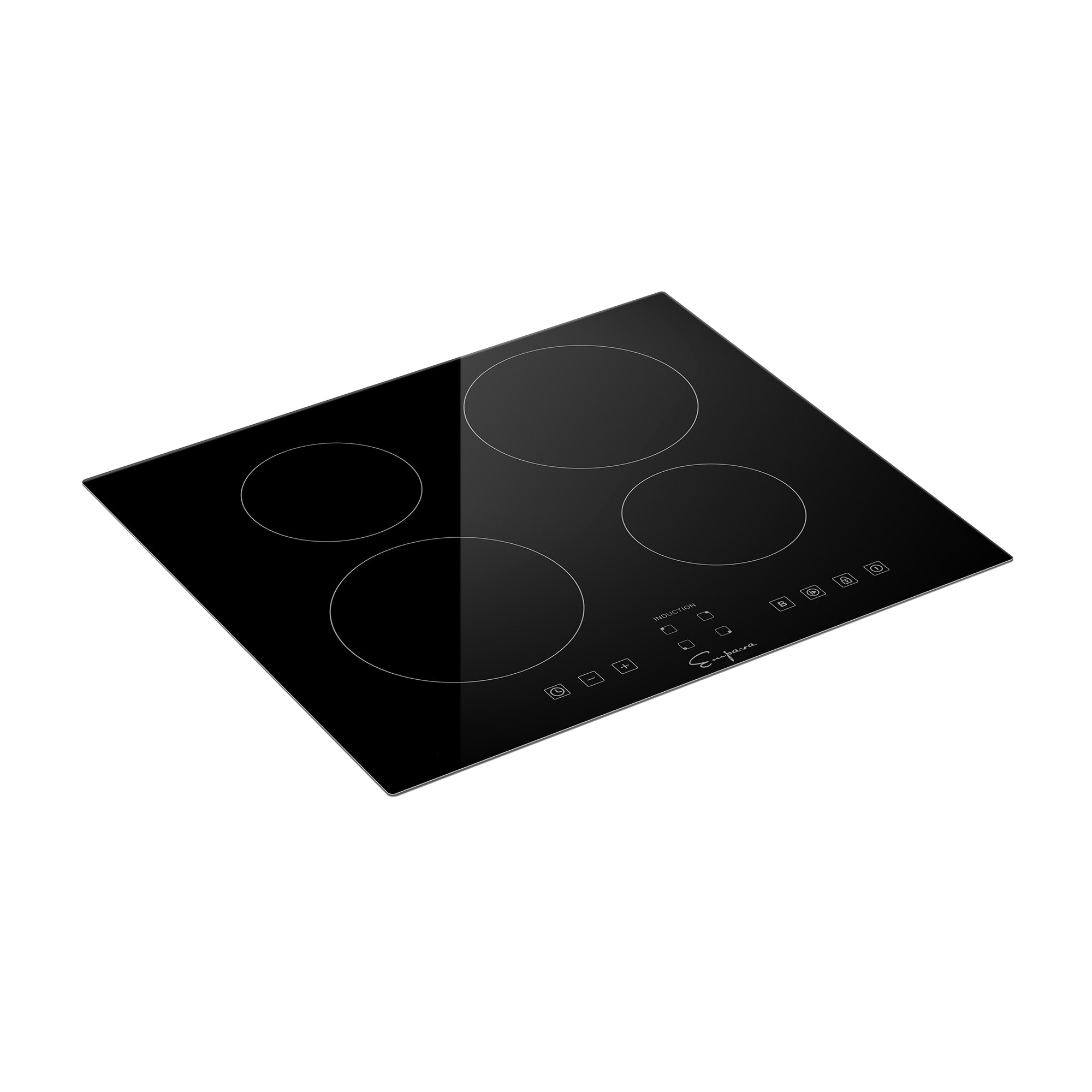 The Empava 24 in. W x 20.5 in. D Induction Cooktop is a sleek, black, four-burner electric induction cooktop with a glass surface. It features touch controls located at the center front for power and heat settings, and the burners are outlined with concentric circles indicating different heating zones.