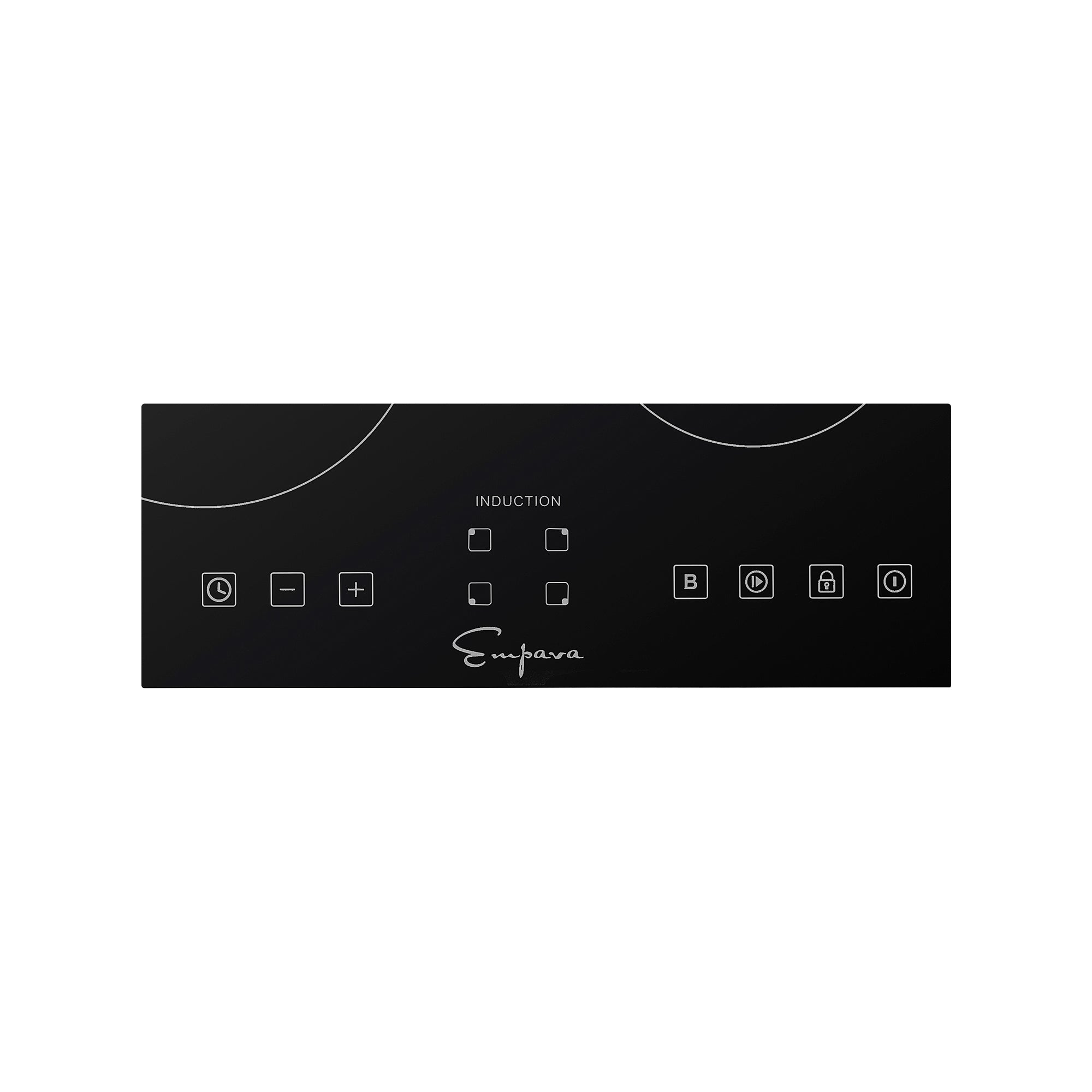 The Empava 24 in. W x 20.5 in. D Induction Cooktop features a black control panel with touch buttons for power adjustments, a timer, and lock functions on its smooth glass surface. The brand "Empava" is printed in white at the bottom center, showcasing the excellence of Empava appliances.