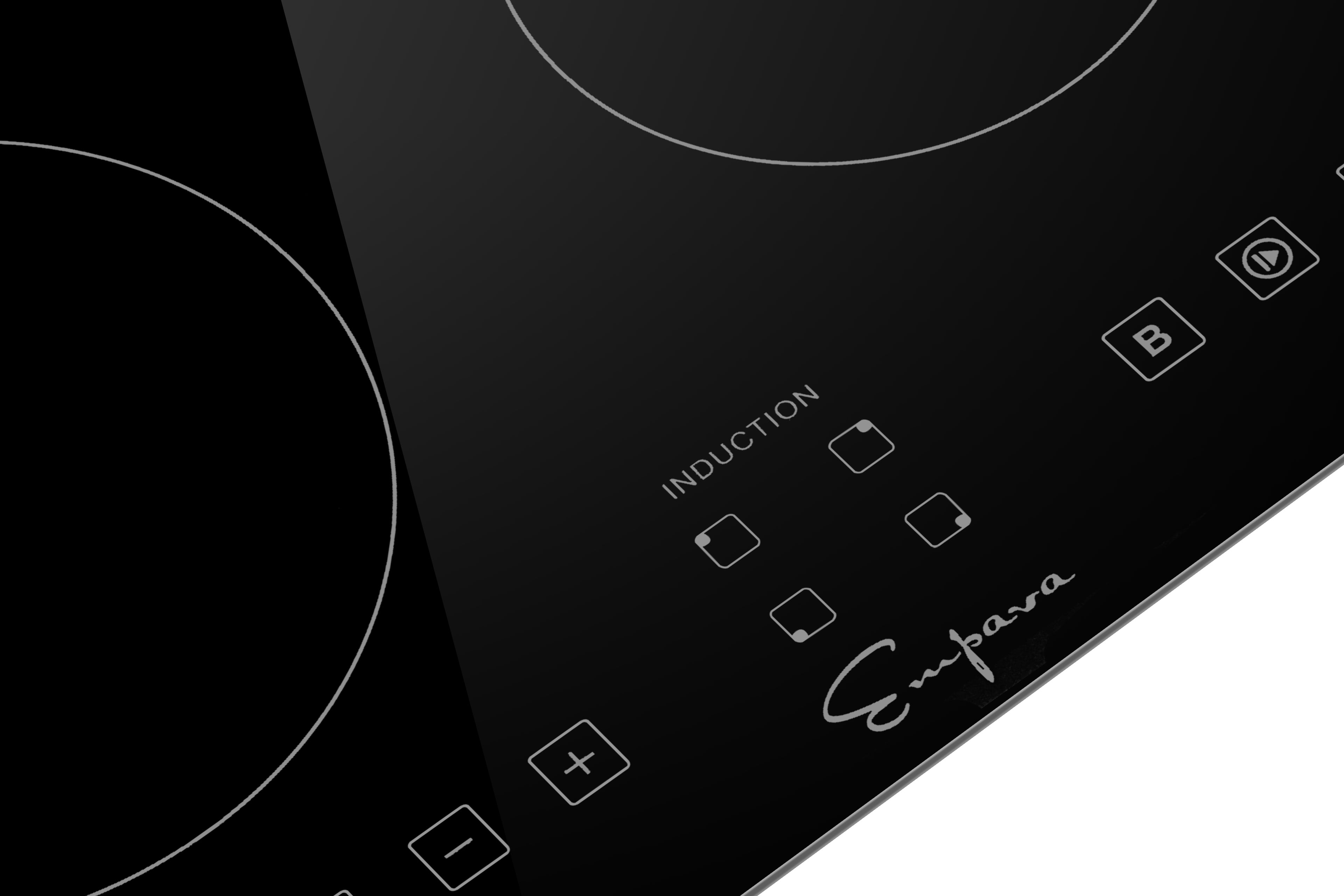 Close-up of an Empava 24 in. W x 20.5 in. D Induction Cooktop with two circular heating zones. The control panel features various touch buttons, including power, increase/decrease temperature, and timer functions. The brand name "Empava" is visible on the lower right, showcasing the quality of Empava appliances.
