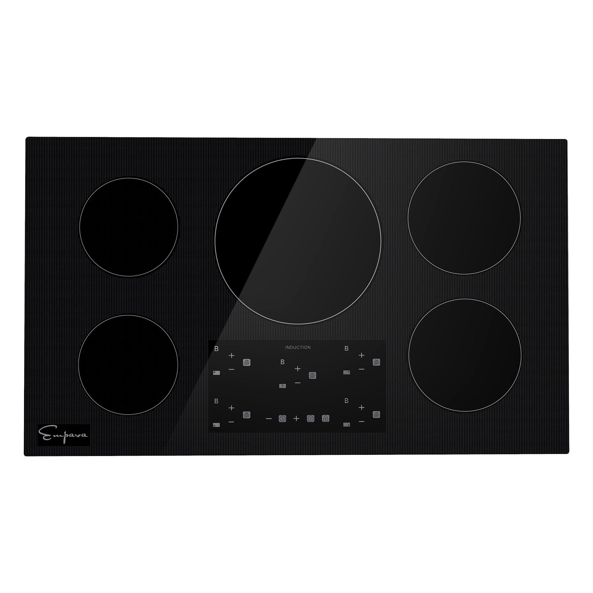 The Empava 36 in. W x 21 in. D Induction Cooktop is a black cooktop featuring five circular heating zones of varying sizes. Its control panel, located beneath the central heating zone, includes multiple touch-sensitive buttons and icons indicating power settings for each burner.