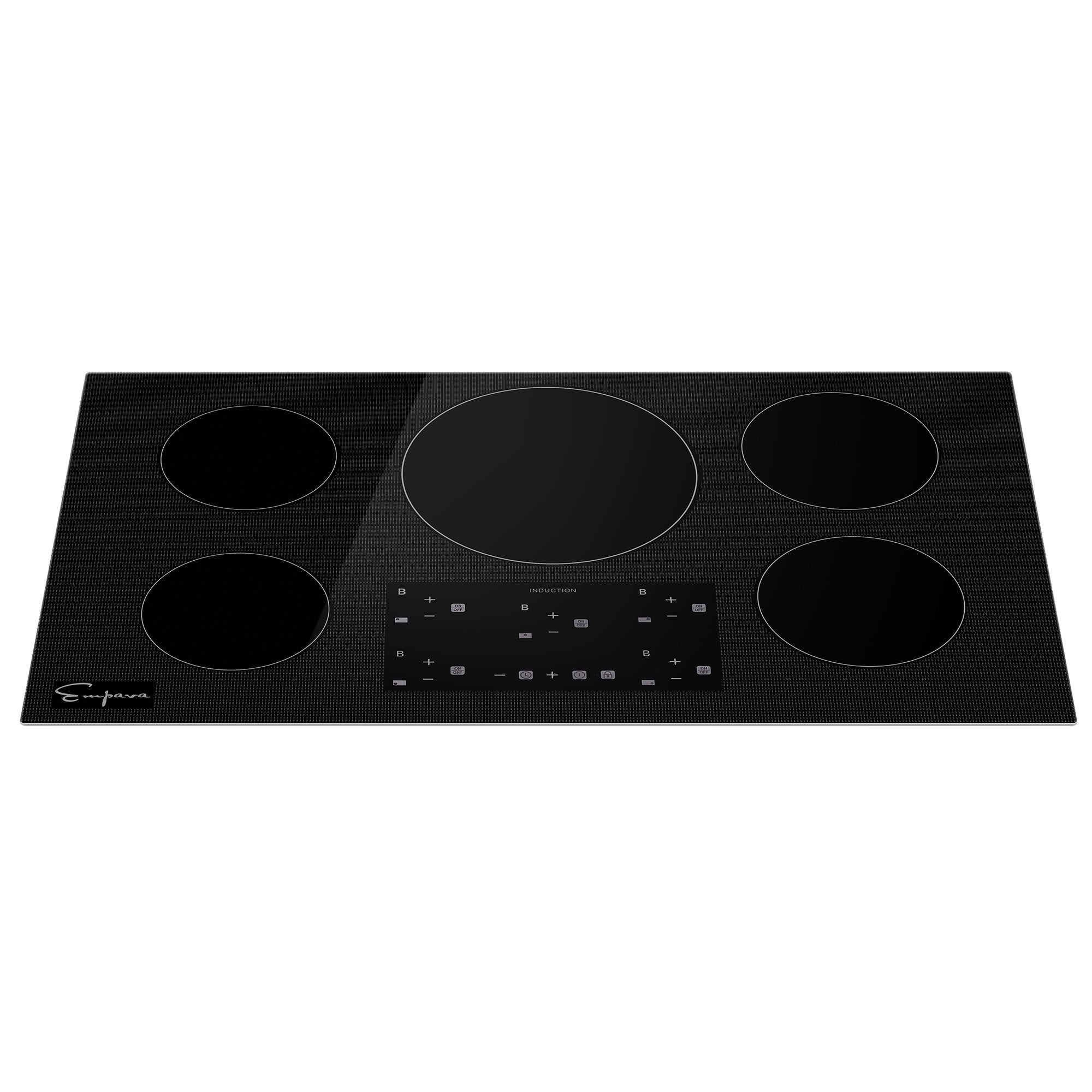 The Empava 36 in. W x 21 in. D Induction Cooktop is a black electric cooktop featuring five circular heating elements, each with multiple power settings. The center element is the largest among them. Situated below it, there is a rectangular control panel with various touch buttons and indicators. This cooktop boasts a sleek, modern design with a smooth glossy finish.