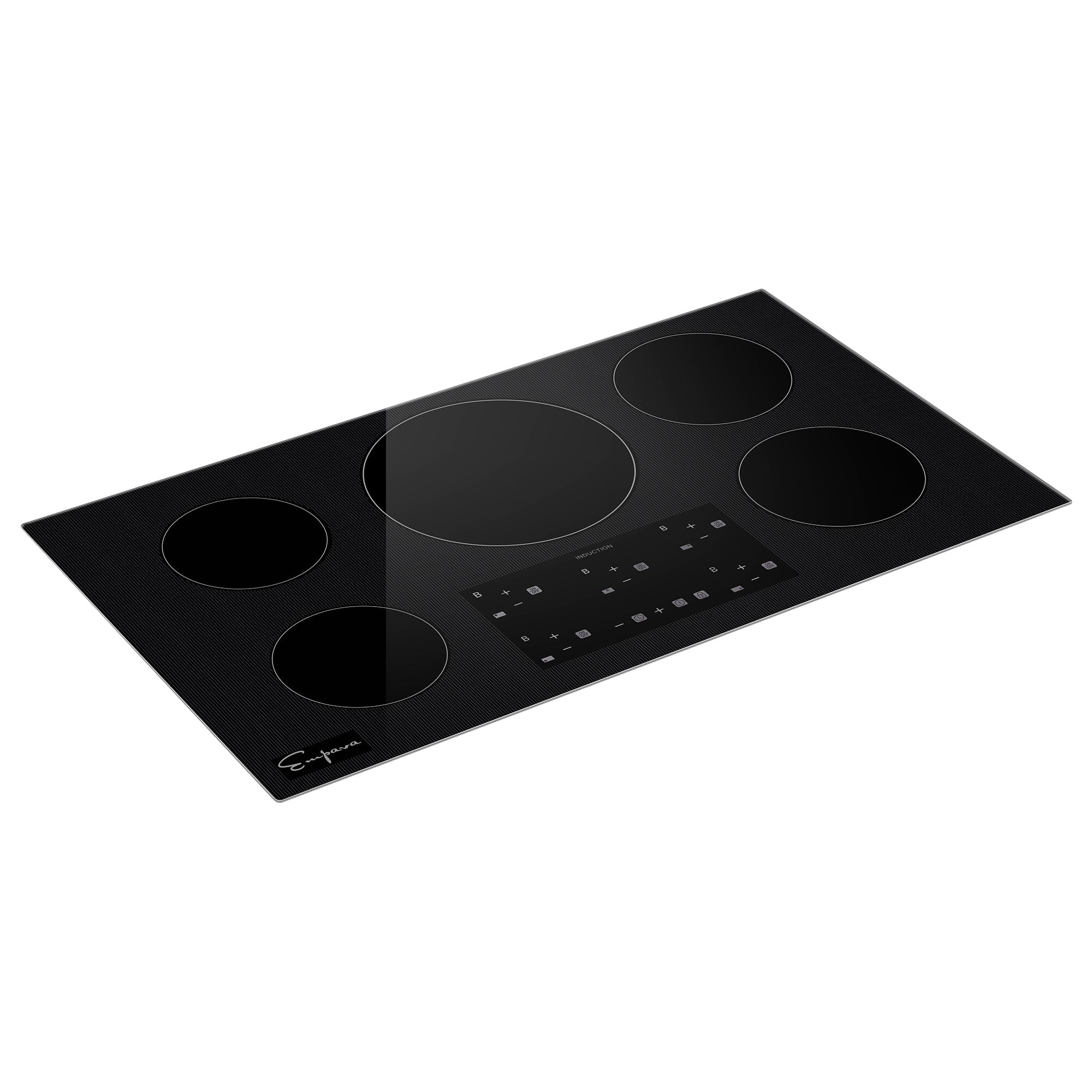 The Empava 36 in. W x 21 in. D Induction Cooktop is a sleek black appliance with five cooking zones, each equipped with different burners. Its touch controls are centered in the front and feature various symbols indicating functions and power settings. The smooth, shiny surface blends style and functionality, making it an ideal fit for modern kitchens.