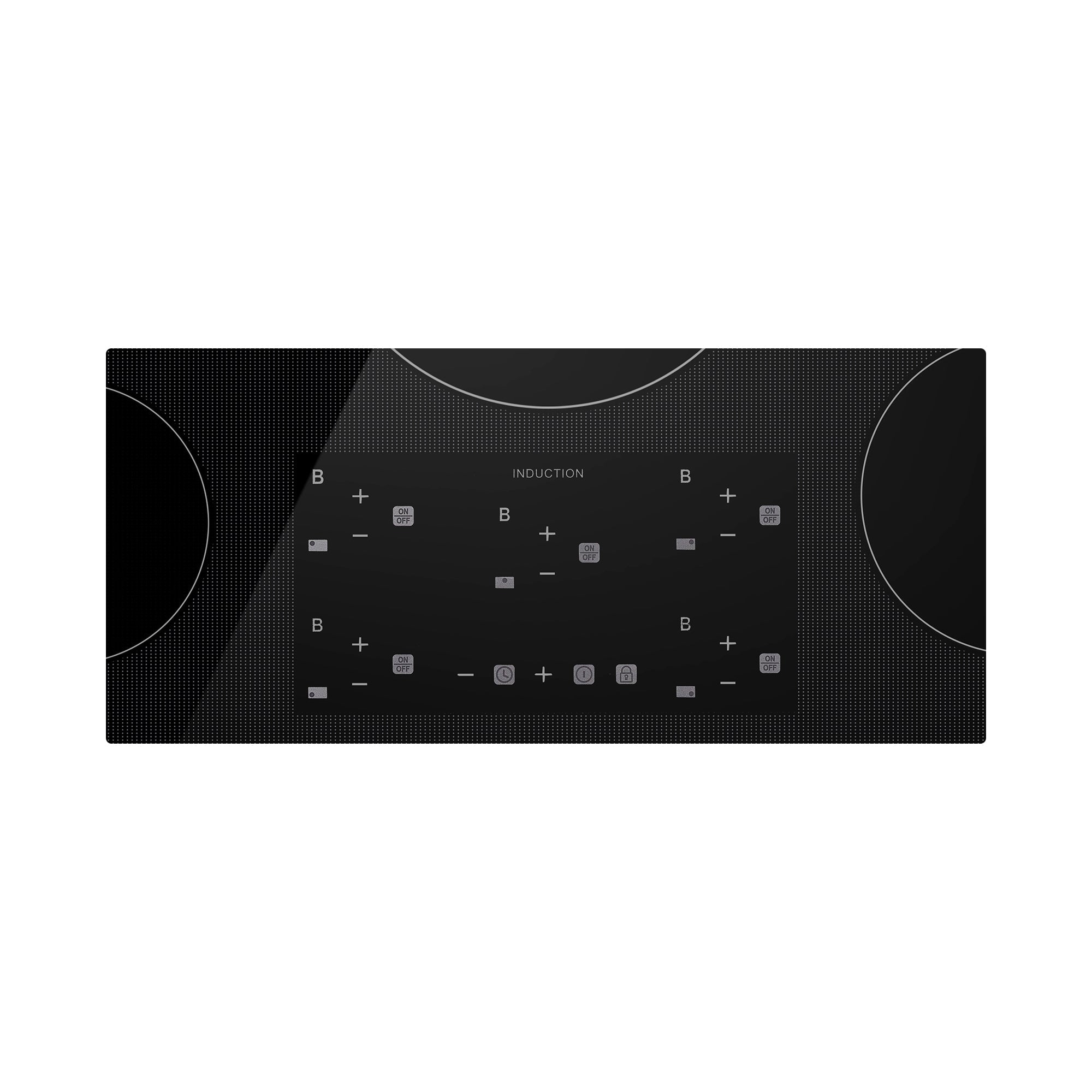 The Empava 36 in. W x 21 in. D Induction Cooktop features a sleek, rectangular black design. It comes with five heating zones—two large circular zones at each end and three smaller zones in the center. The centrally located control panel has touch-sensitive buttons, providing easy access to various power settings.