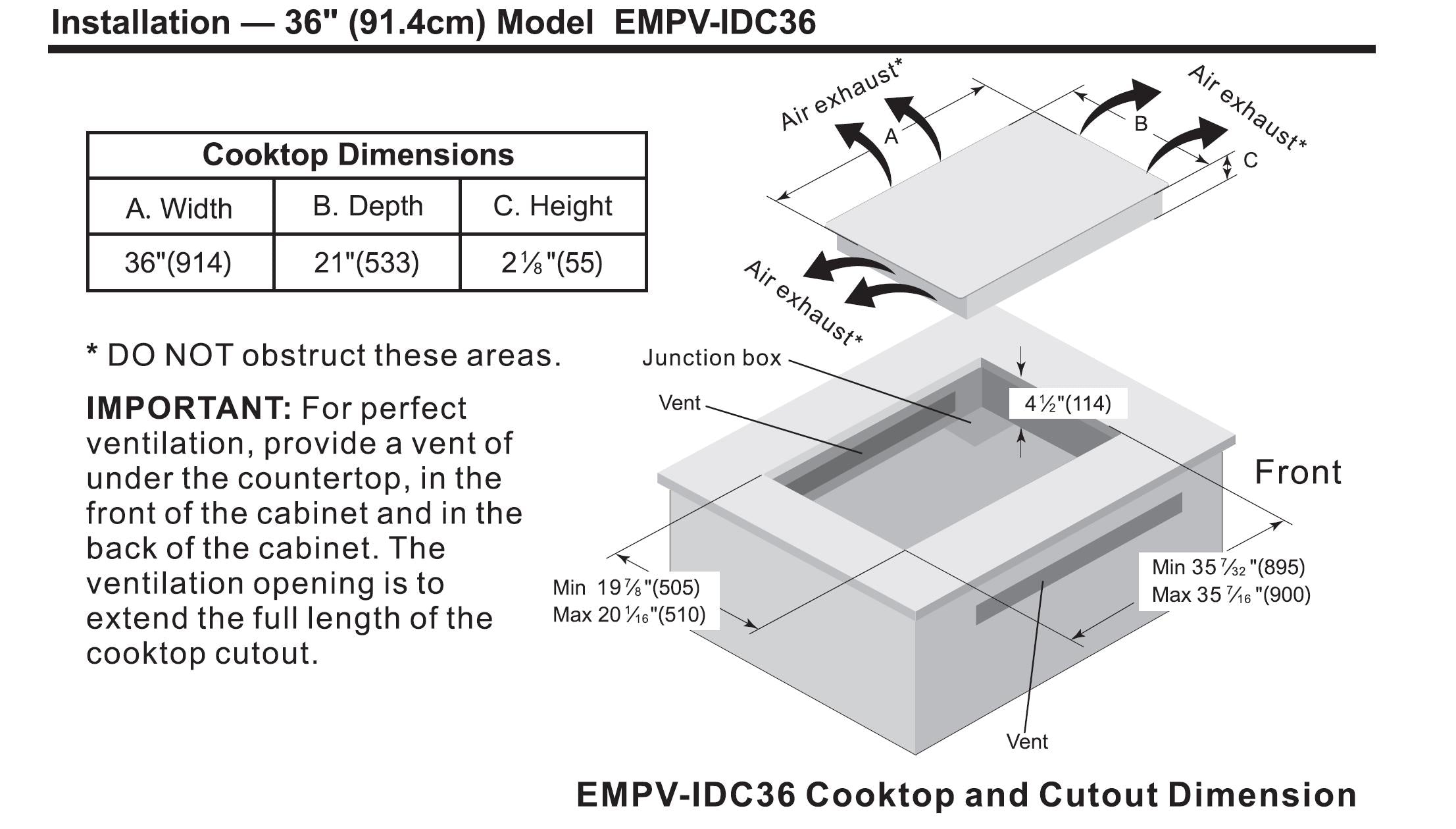 Diagram showing the installation cutout dimensions for the Empava 36 in. W x 21 in. D Induction Cooktop. The cooktop's dimensions are 36" in width, 21" in depth, and 2 ⅒" in height. Ventilation requirements, including a venting hole, and placement are indicated on the diagram, with various internal measurements.