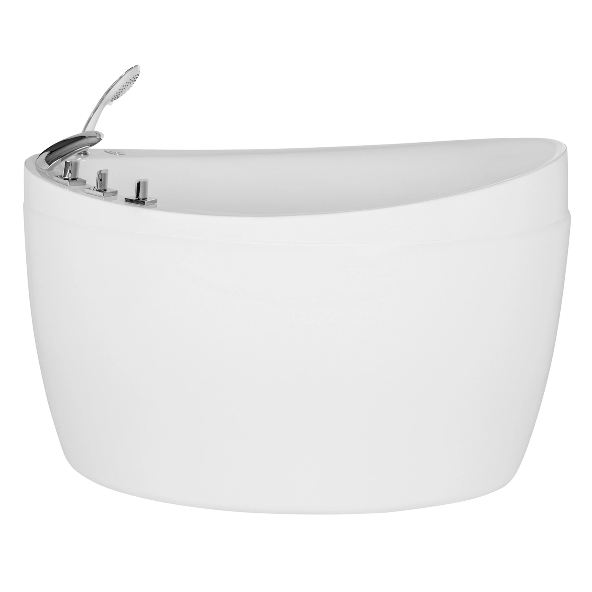 The 48" Freestanding Japanese-Style Air Massage Bathtub with Reversible Drain is a sleek and modern tub that boasts an asymmetrical design and a built-in stool. It features a sloped back for comfortable lounging, shiny silver fixtures including a faucet, handles, and showerhead, as well as air bubble jets for a spa-like experience. The bathtub has a smooth, glossy finish.