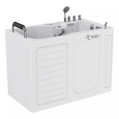 The 54" Alcove Inline Heater Whirlpool Walk-in Tub 2.0 Upgraded with Right Drain is a white walk-in bathtub featuring a hinged door for easy access. It comes equipped with a handheld showerhead, control knobs, and support bars for safety. Its sleek, compact design makes it suitable for limited spaces, offering enhanced accessibility and ease of use.