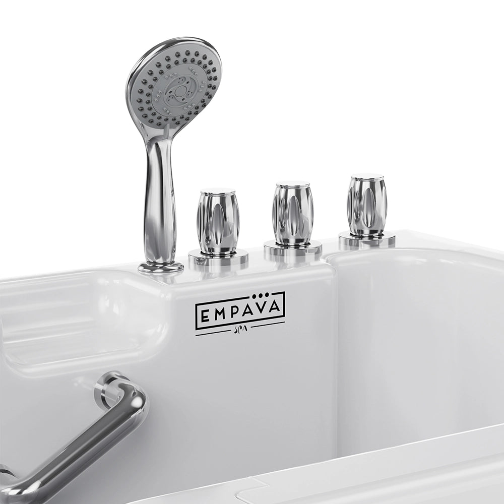 Close-up of a 54" Alcove Soaking Walk-in Tub with Right Drain, featuring chrome fixtures including a handheld showerhead, three knobs, and a silver supporting bar. The brand name "EMPAVA" is displayed prominently on the side of the tub.