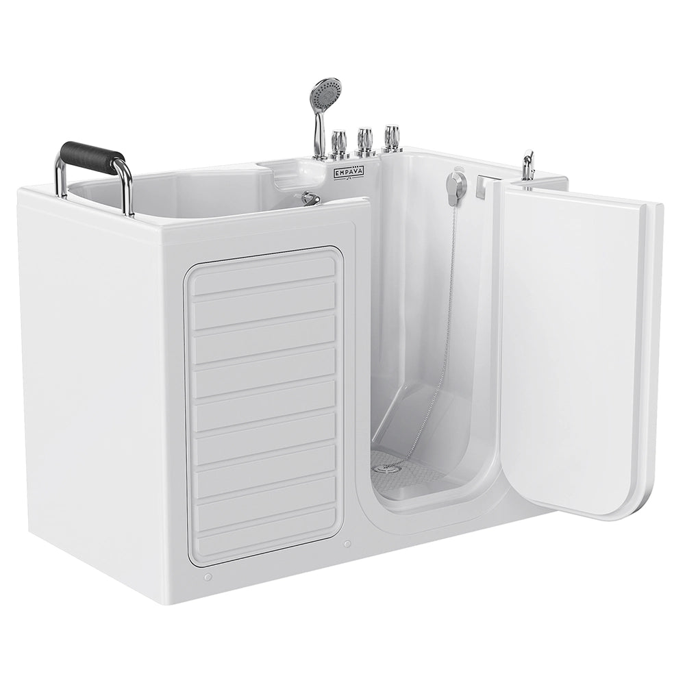 The 54" Alcove Soaking Walk-in Tub with Right Drain is displayed in white, featuring a closed side door with horizontal ridges and an open front door that reveals the interior. The tub includes a built-in seat, a hand-held showerhead, faucet controls, and a safety bar attached to the top edge.