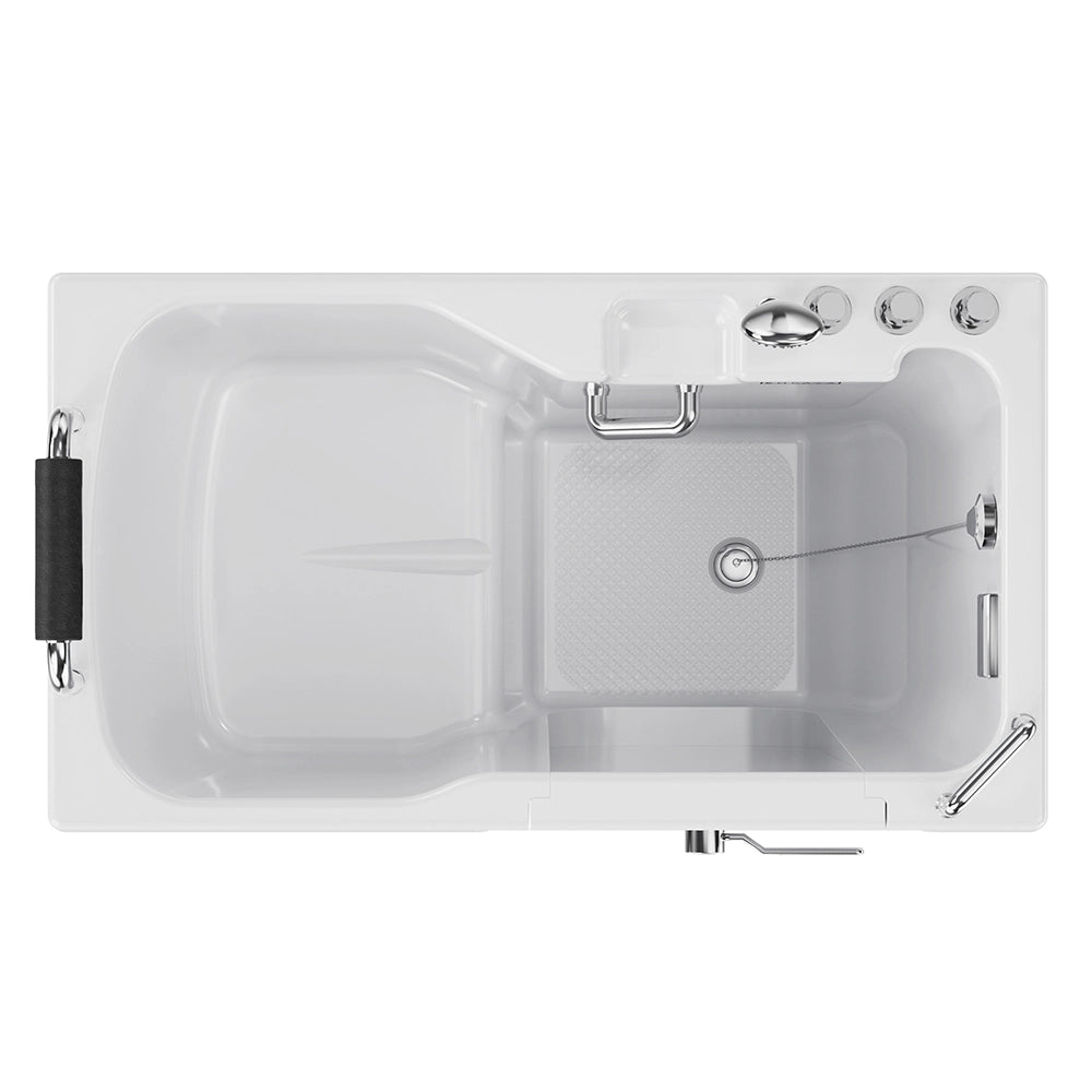 Top-down view of the 54" Alcove Soaking Walk-in Tub with Right Drain, showcasing a white walk-in bathtub with integrated seat, safety handrails, and a textured bottom for grip. The tub comes equipped with faucets, a detachable showerhead, and a black handle on the door.