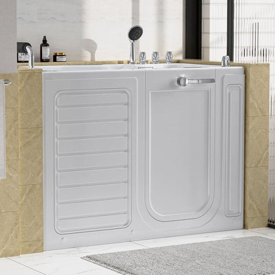 The 54" Alcove Soaking Walk-in Tub with Right Drain is an accessible walk-in bathtub featuring a secure door, grab bar, and handheld showerhead. This tub boasts a white finish complemented by beige tile accents and is installed in a modern bathroom with large windows, a gray bath mat on the marble floor.