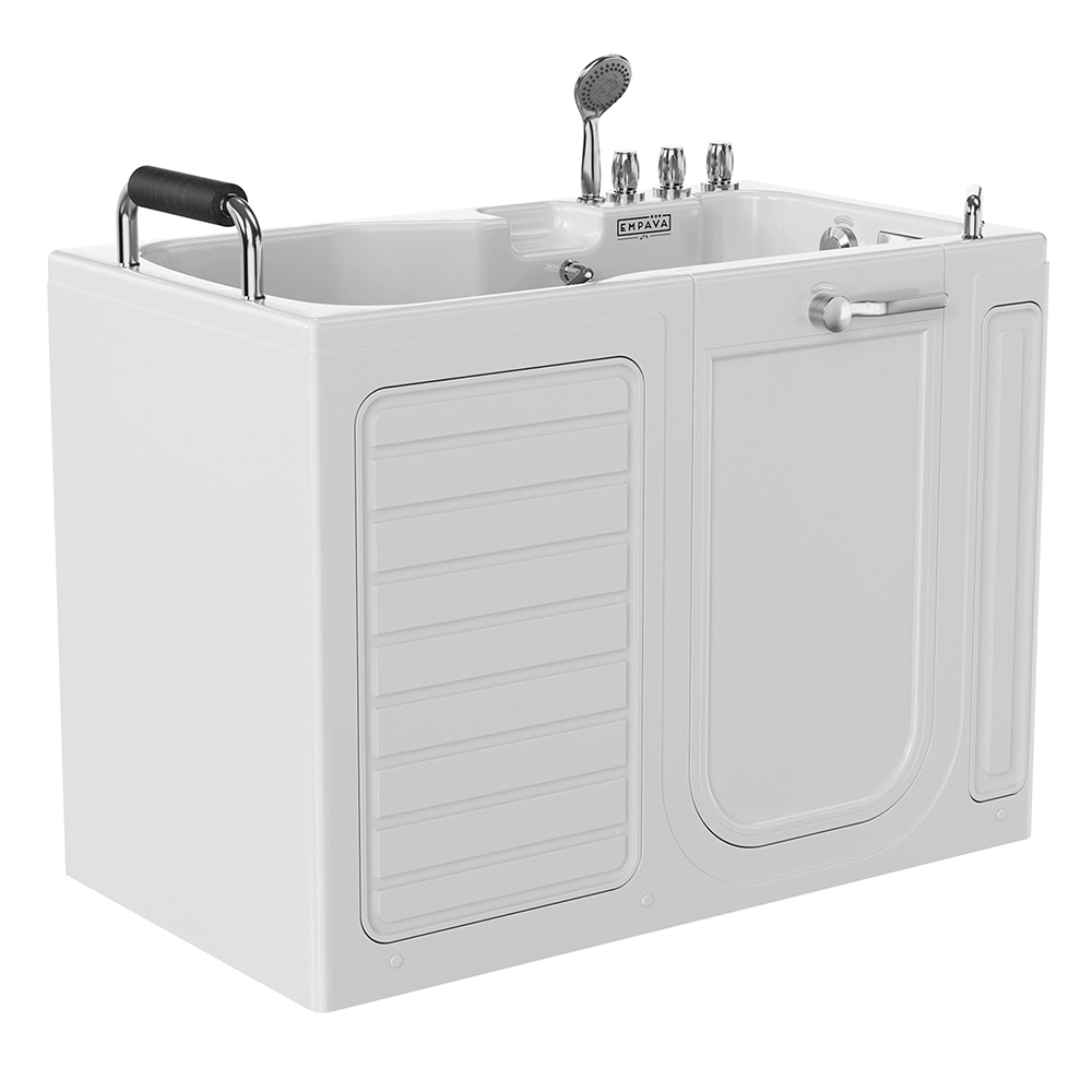 The 54" Alcove Soaking Walk-in Tub with Right Drain is a white walk-in bathtub designed with a door and a horizontal handle for easy access. It features an elevated seat, faucet, hand shower, and controls conveniently located on the top edge.