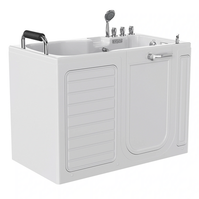 The 54" Alcove Soaking Walk-in Tub with Right Drain is a white walk-in bathtub designed with a door and a horizontal handle for easy access. It features an elevated seat, faucet, hand shower, and controls conveniently located on the top edge.