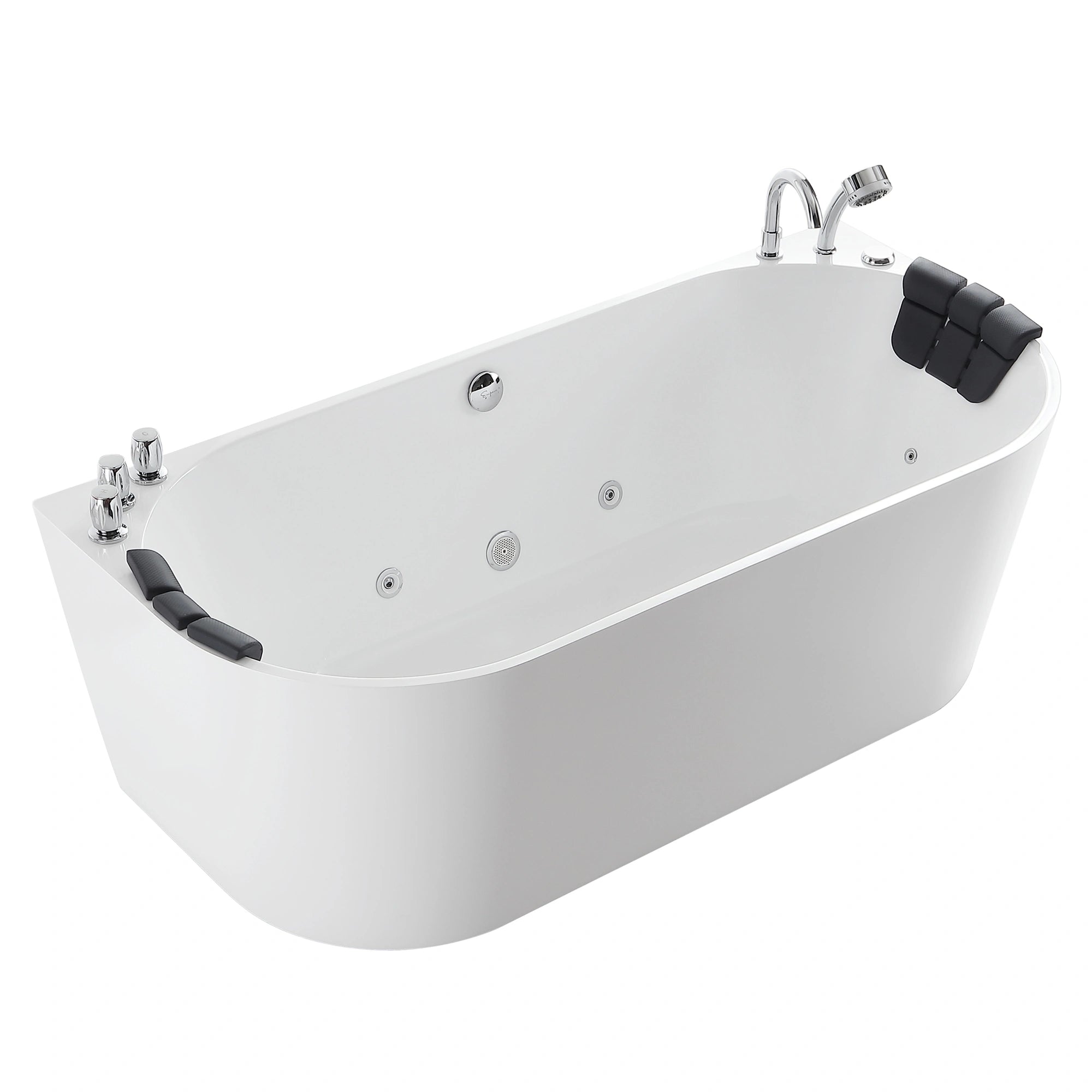 The 59" Freestanding Hydro Massage Whirlpool Bathtub with Center Drain is a modern white freestanding tub featuring a sleek, double-ended design with black headrests at both ends. Crafted from durable acrylic material, it includes multiple water jets for hydrotherapy and chrome fixtures such as a faucet, handheld showerhead, and control knobs.