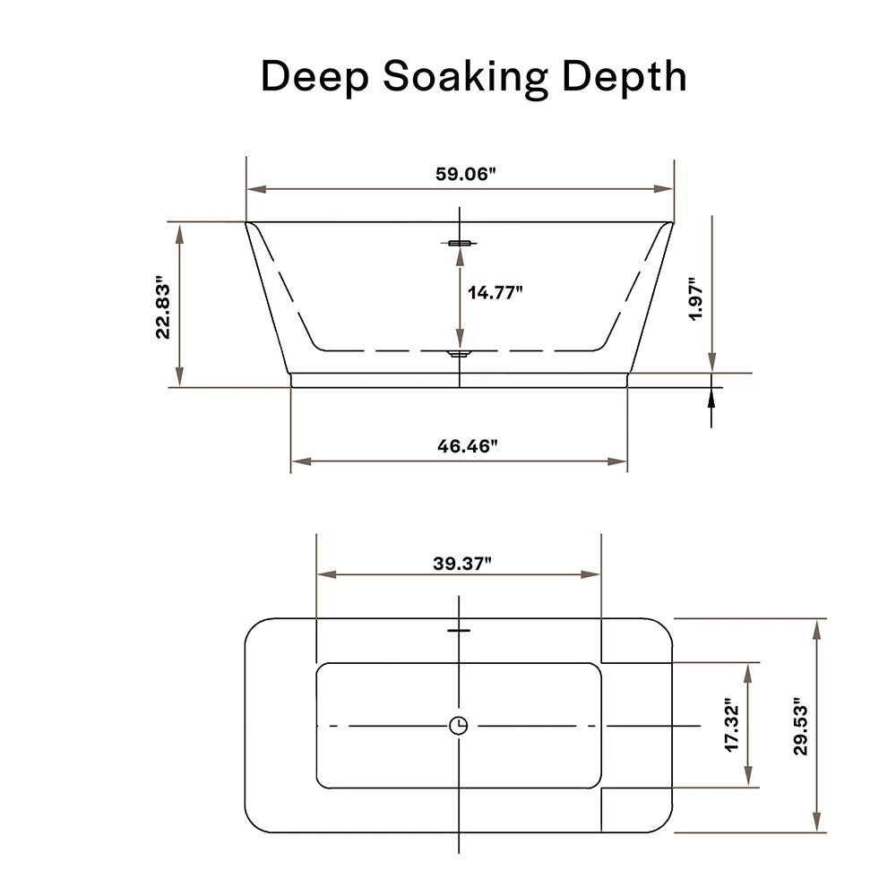 A technical drawing of the 59" Freestanding Soaking Tub with Center Drain, featuring labeled dimensions. The top view displays a width of 39.37 inches and a total length of 59.06 inches. The side view reveals a depth of 22.83 inches, along with other detailed measurements for various parts of the tub. Text reads "Deep Soaking Depth.