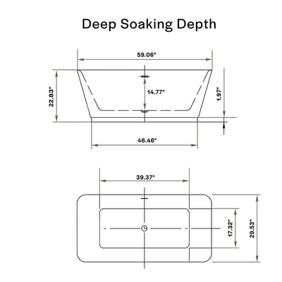 A technical drawing of the 59" Freestanding Soaking Tub with Center Drain, featuring labeled dimensions. The top view displays a width of 39.37 inches and a total length of 59.06 inches. The side view reveals a depth of 22.83 inches, along with other detailed measurements for various parts of the tub. Text reads "Deep Soaking Depth.