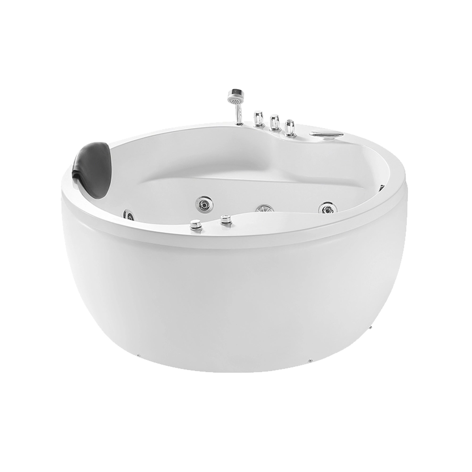 Image of the 59” Freestanding Round Whirlpool Bathtub with Right Drain. This modern, white bathtub features round corners, built-in jets for a relaxing experience, and a larger water capacity. It comes with a sleek black cushioned headrest, faucet, and knobs for precise control of water flow and jet settings. The sturdy construction is crack/mold-resistant and boasts a contemporary design perfect for enhancing any luxurious bathroom setting.