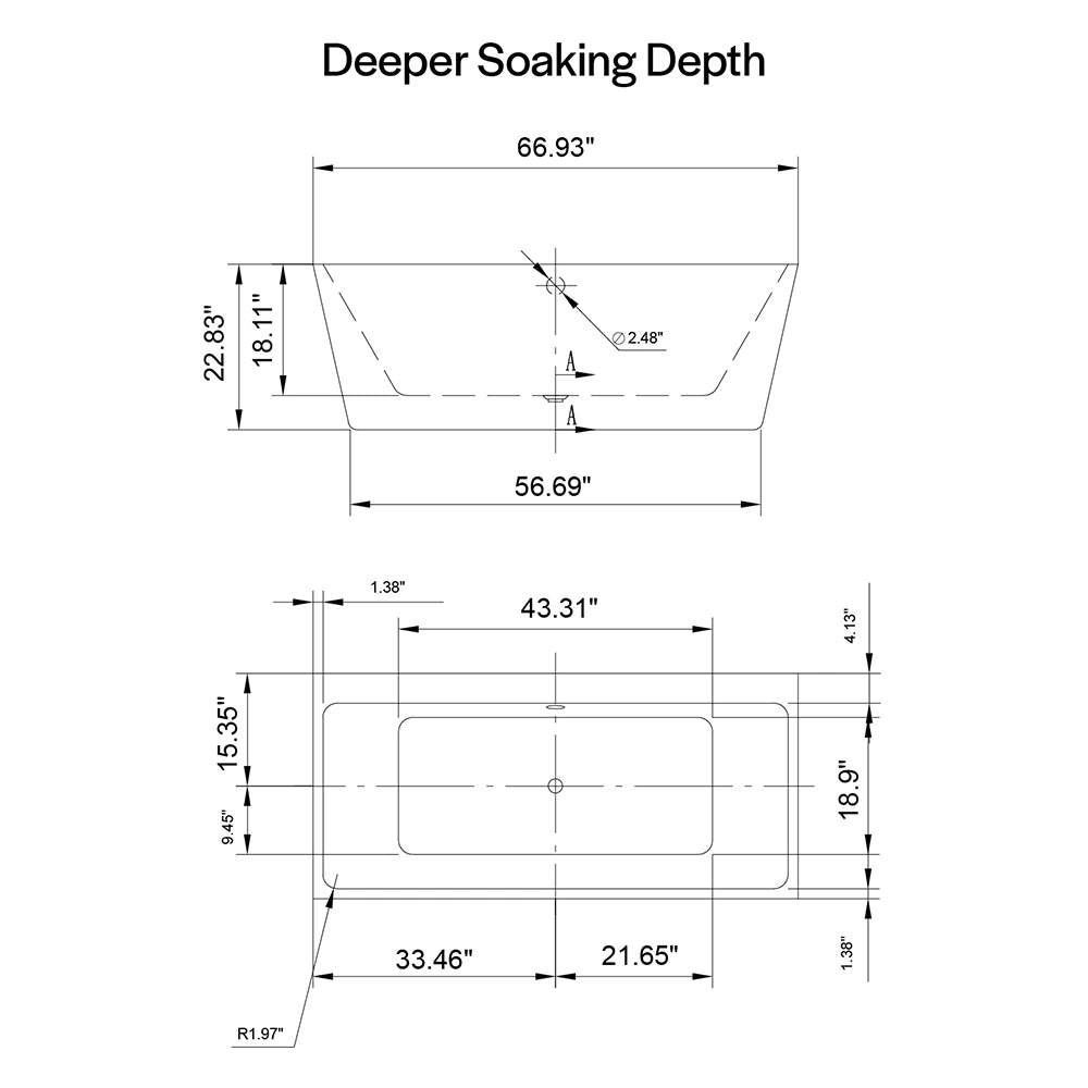 Technical drawing of the 67" Freestanding Soaking Tub with Center Drain, made from acrylic material, showcasing its ergonomic design and dimensions. The bathtub features a labeled deeper, comfortable soaking depth. Top view dimensions: 66.93" length, 31.5" width, 22.83" depth, with an internal soaking depth of 18.11". Side view highlights the slope and contours for added comfort.