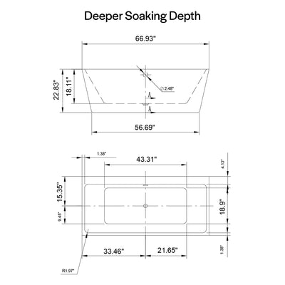 Technical drawing of the 67" Freestanding Soaking Tub with Center Drain, made from acrylic material, showcasing its ergonomic design and dimensions. The bathtub features a labeled deeper, comfortable soaking depth. Top view dimensions: 66.93" length, 31.5" width, 22.83" depth, with an internal soaking depth of 18.11". Side view highlights the slope and contours for added comfort.