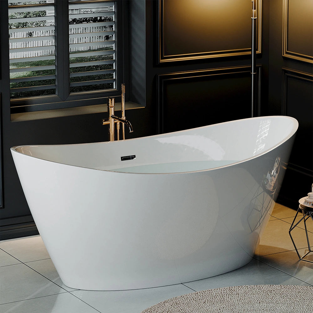 A modern, lightweight 67" freestanding soaking tub with a center drain, made of high-quality white acrylic material, is placed in a luxurious bathroom featuring dark-paneled walls and a window with shutters. The tub is filled with water, and nearby, a tall floor lamp and side table enhance the elegant and serene atmosphere.