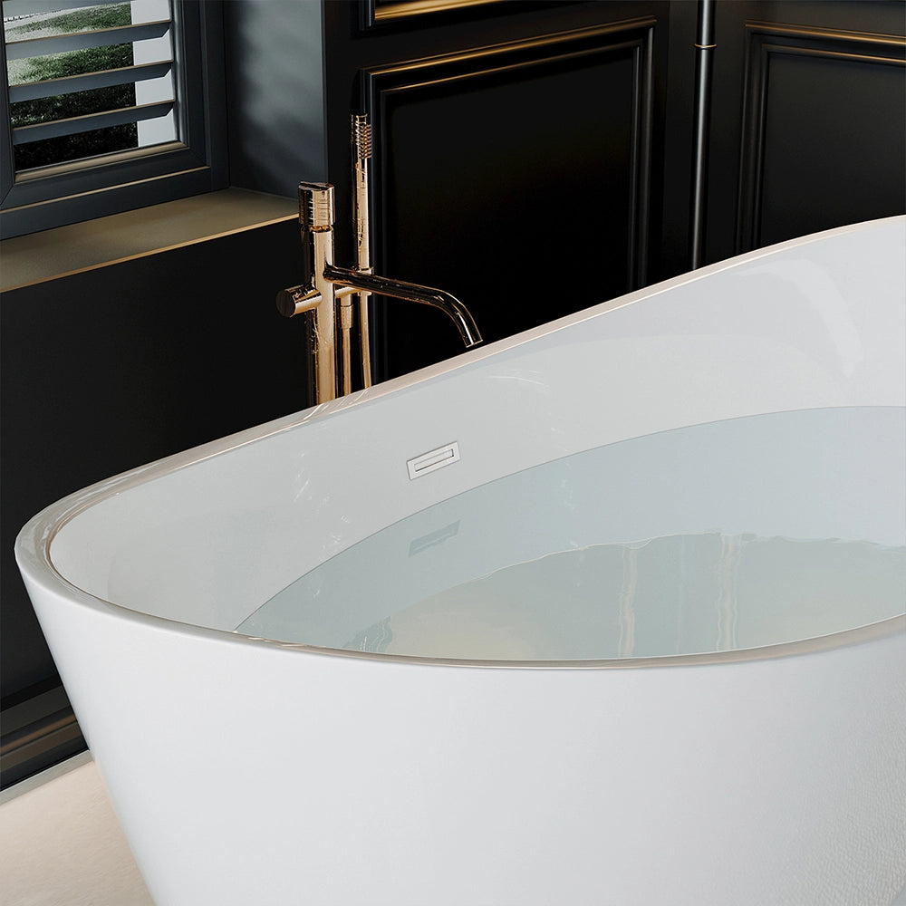 A modern, sleek 67" Freestanding Soaking Tub with Center Drain made of lightweight acrylic material stands in a luxurious bathroom. The background features dark paneled walls and a window with shutters partially open. A stylish, gold-colored faucet extends over the installation's edge.