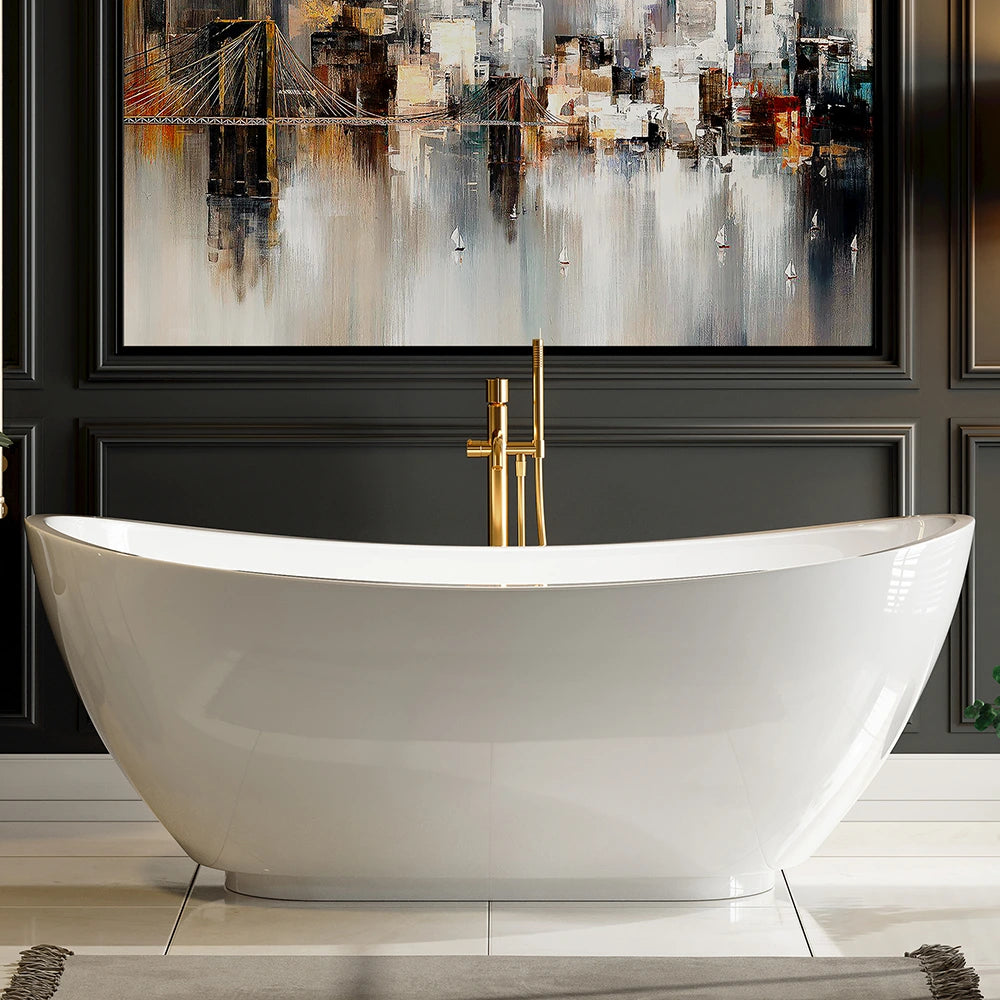 A modern bathroom features a 69" Freestanding Soaking Tub with Center Drain, complete with sleek gold fixtures that are perfect for ergonomic soaking. Behind it, a large cityscape painting with bridges and buildings adds a splash of color against the dark gray paneled wall. A plush rug lies in front of the tub.