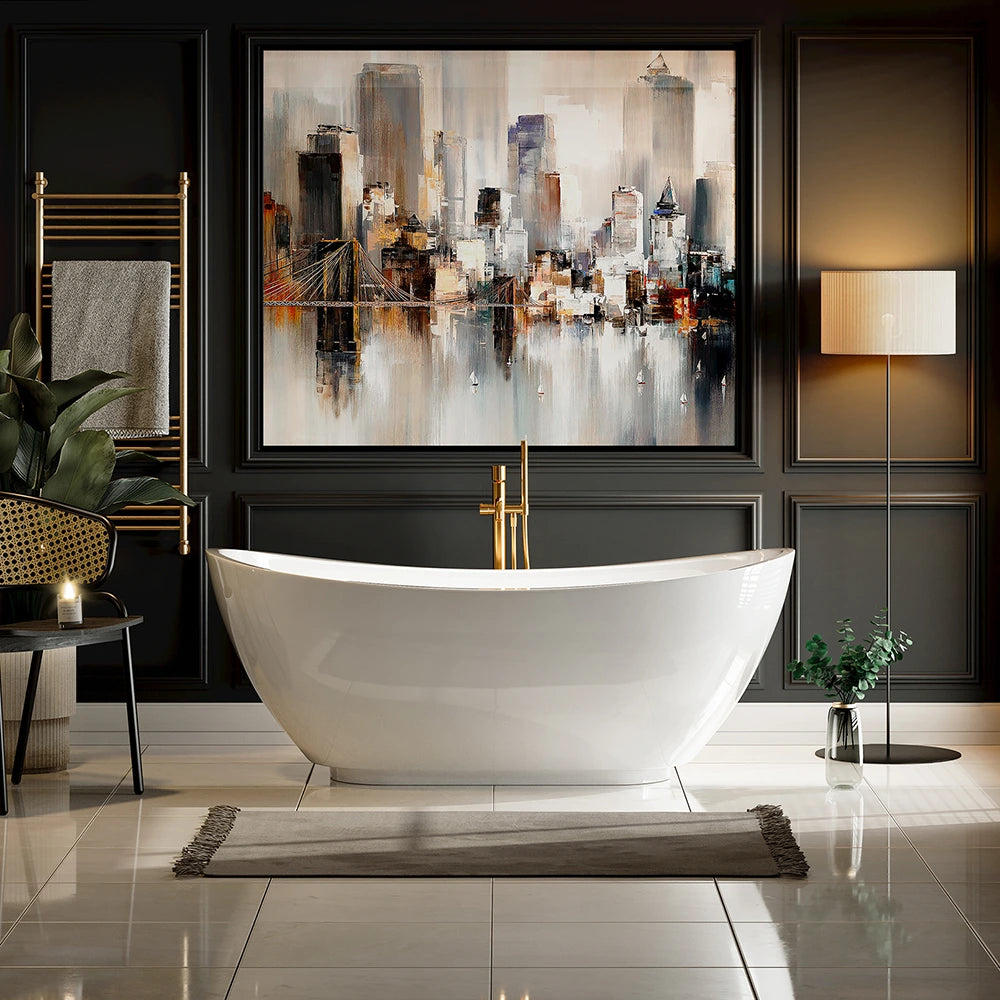 A modern bathroom features a sleek, ergonomic 69" Freestanding Soaking Tub with Center Drain, a tall floor lamp, and a warm towel rack. The dark paneled walls hold a large cityscape painting above the tub. There's a small plant on the floor, and a gray rug lies in front of the wear-resistant acrylic bathtub.