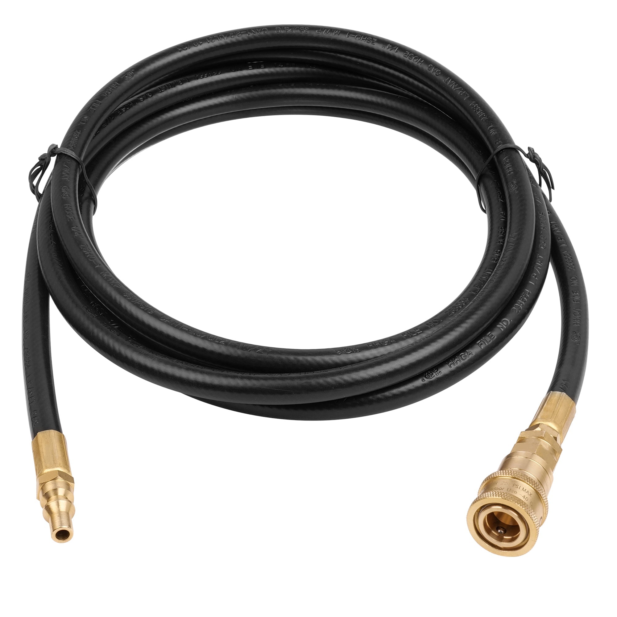 The Empava 12FT Quick-Connect RV Propane Hose EMPV-120EH43 is a coiled black hose featuring gold-colored connectors on each end, one male and one female. Both connectors are secured with black ties, and the hose is made of durable material suitable for high-pressure applications.