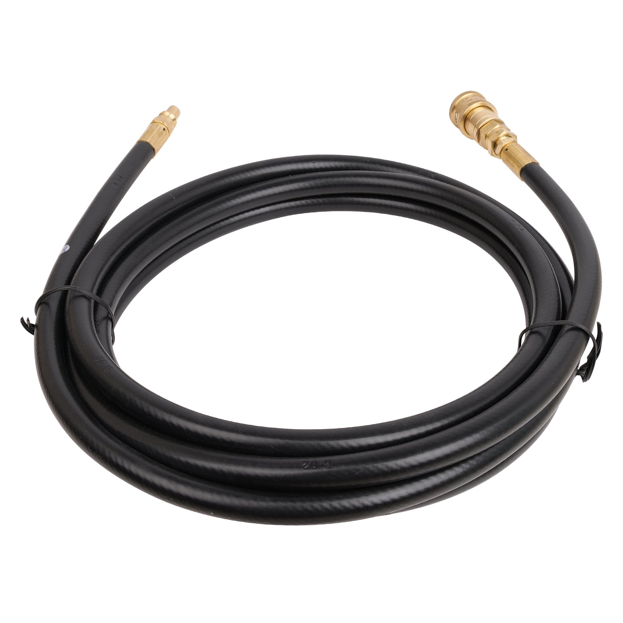 Introducing the Empava 12FT Quick-Connect RV Propane Hose EMPV-120EH43: a coiled black hose with robust brass connectors on both ends, neatly secured in two places with plastic ties. The connectors are designed for reliable and secure attachment to compatible fittings. This high-quality hose is displayed on a clean white background, highlighting its features and craftsmanship.