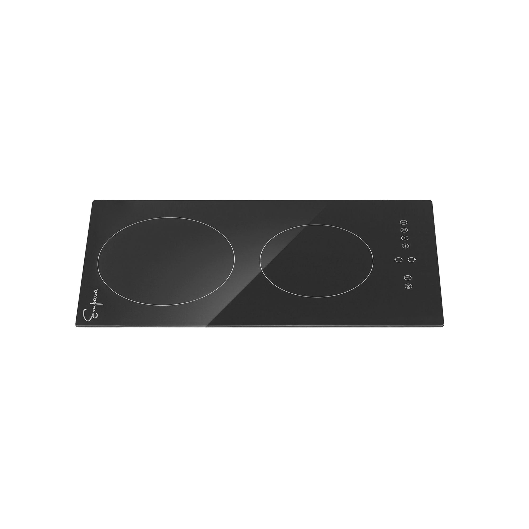 The Empava 12 Inch Black Electric Radiant Cooktop is a black, rectangular electronic stovetop with two circular cooking zones. Its sleek and glossy surface includes touch control buttons on the right side, while the brand logo is positioned on the bottom left corner.