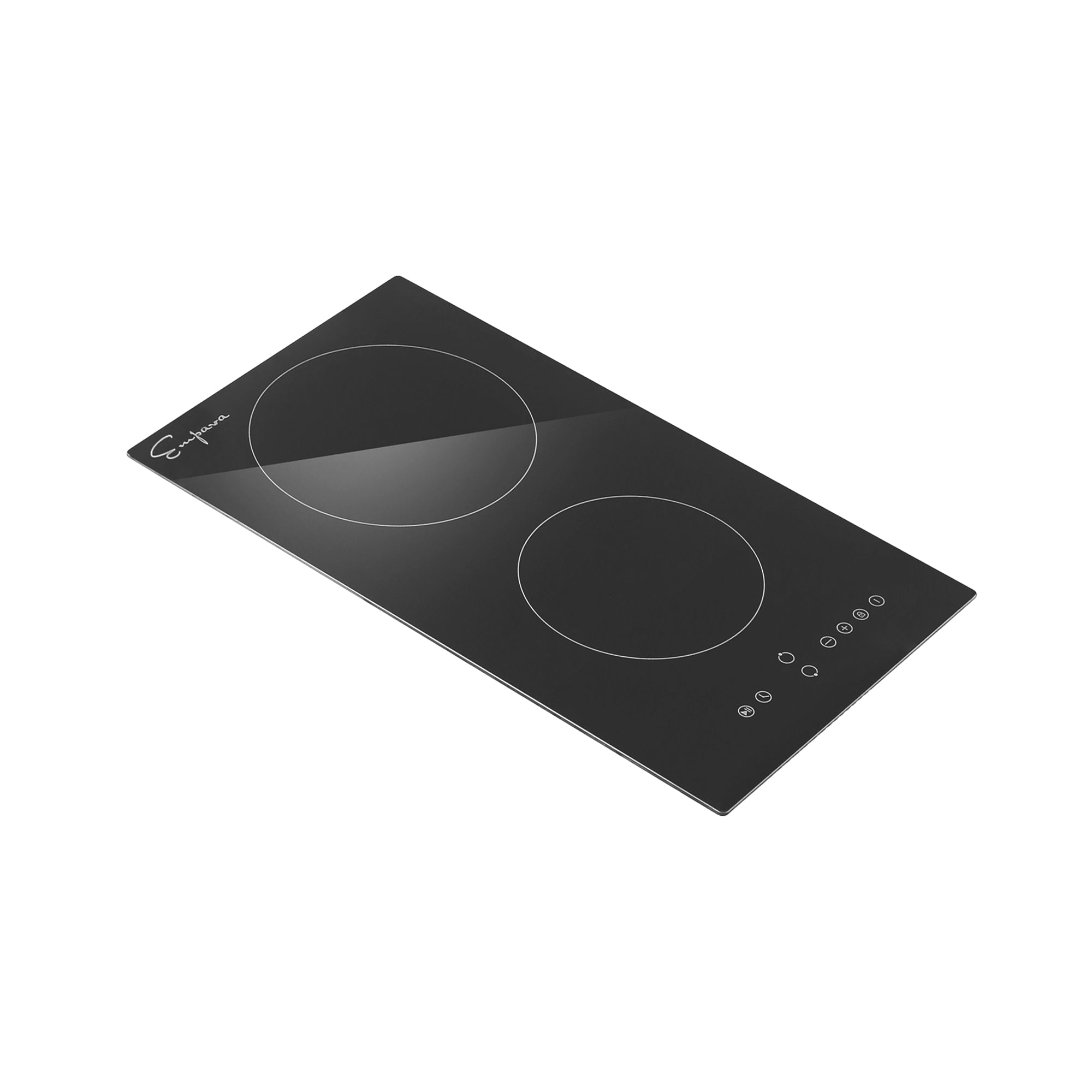 The Empava 12 Inch Black Electric Radiant Cooktop is a sleek and rectangular glass-ceramic appliance featuring two circular heating zones. Its touch-sensitive controls are conveniently located at the bottom right corner, all within a modern, minimalistic design.