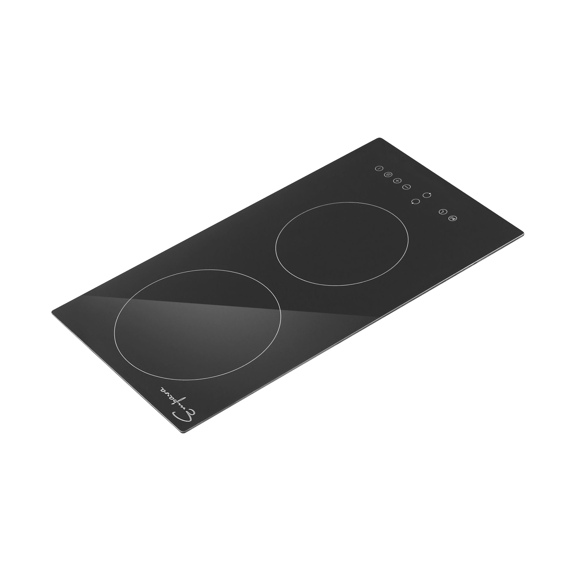 The Empava 12 Inch Black Electric Radiant Cooktop boasts a sleek design with two round burners and touch control buttons on the upper right-hand side. It features a smooth, reflective surface and a signature logo positioned in the bottom left corner.