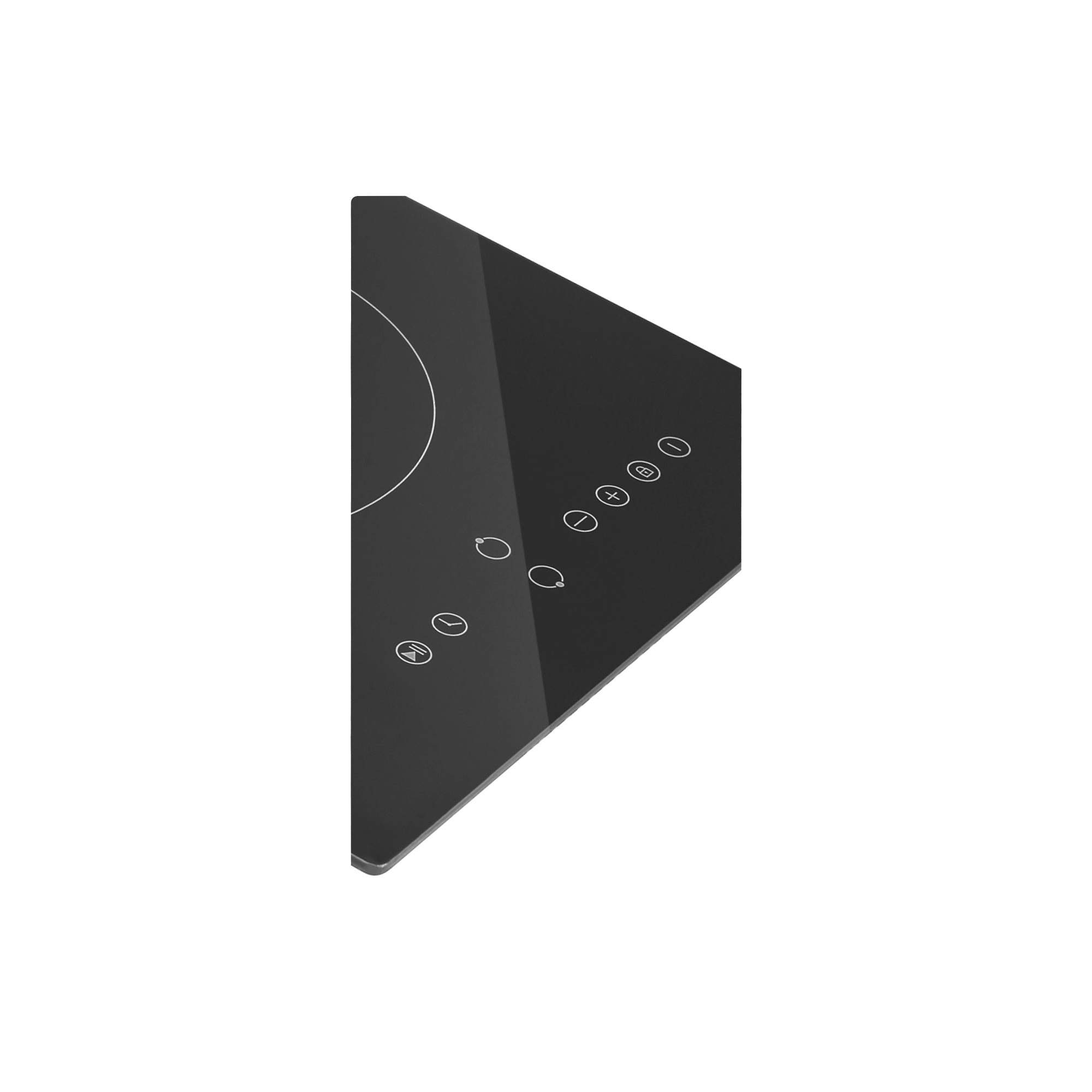 The Empava 12 Inch Black Electric Radiant Cooktop boasts a sleek design with touch-sensitive control buttons arranged vertically along the right side. Its glossy surface elegantly reflects light, adding to its modern and minimalist aesthetic.