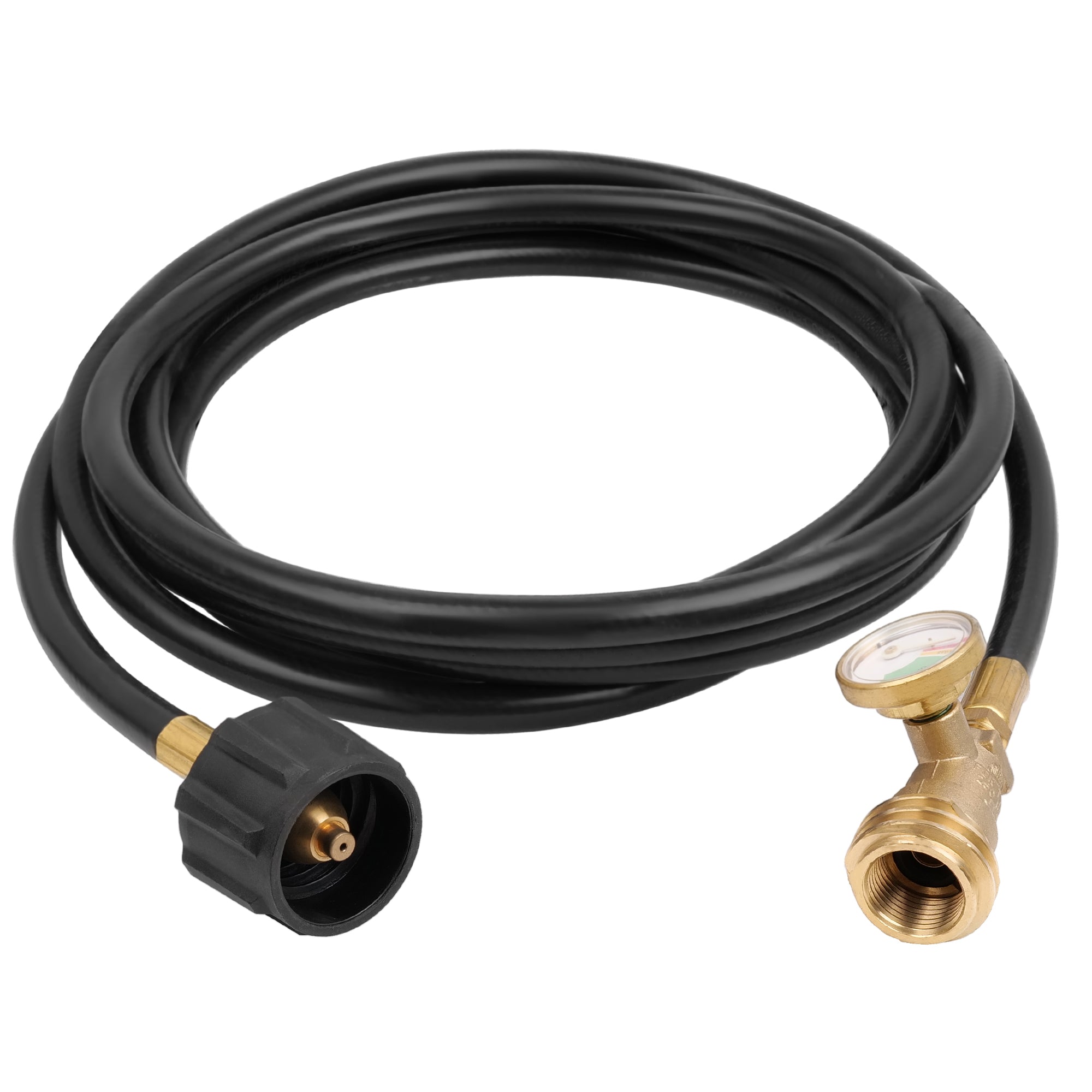 The Empava 15 FT Propane Extension Hose EMPV-150EH40 is a long, black rubber hose that is neatly coiled. This hose features brass fittings on both ends — one end has a brass connector with an integrated pressure gauge, while the other end includes a black plastic connection fitting.