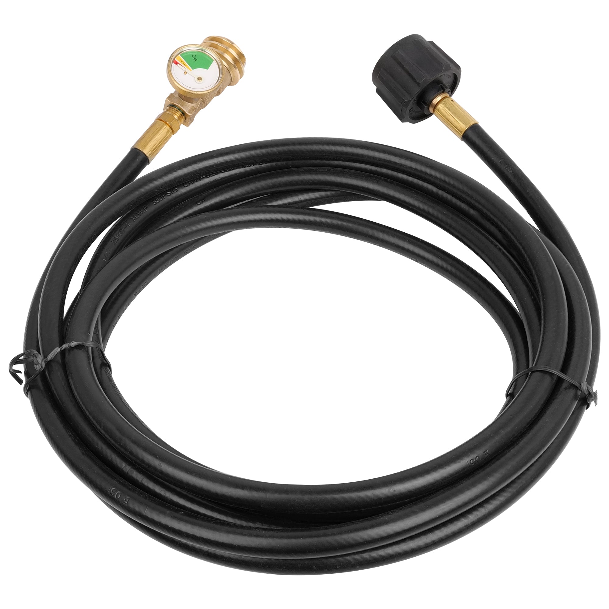 Introducing the Empava 15 FT Propane Extension Hose EMPV-150EH40: a coiled black propane hose featuring brass connectors on each end. One end is equipped with an attached pressure gauge with a colored indicator, while the other end includes a black plastic hand-tighten knob. The hose comes organized with a black twist tie for secure storage.