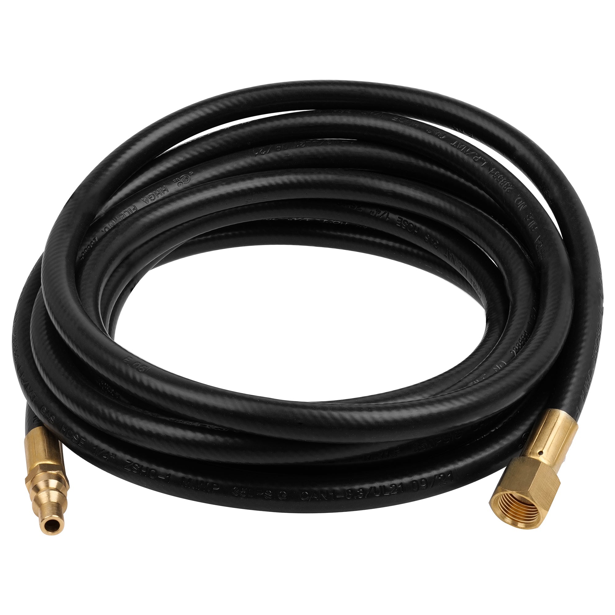 The Empava 15 FT RV Propane Quick Connect Hose EMPV-150EH44 is a coiled black rubber hose with brass fittings on both ends. It appears durable and flexible, making it ideal for various applications such as air or water transfer. The brass fittings are designed for secure attachment.