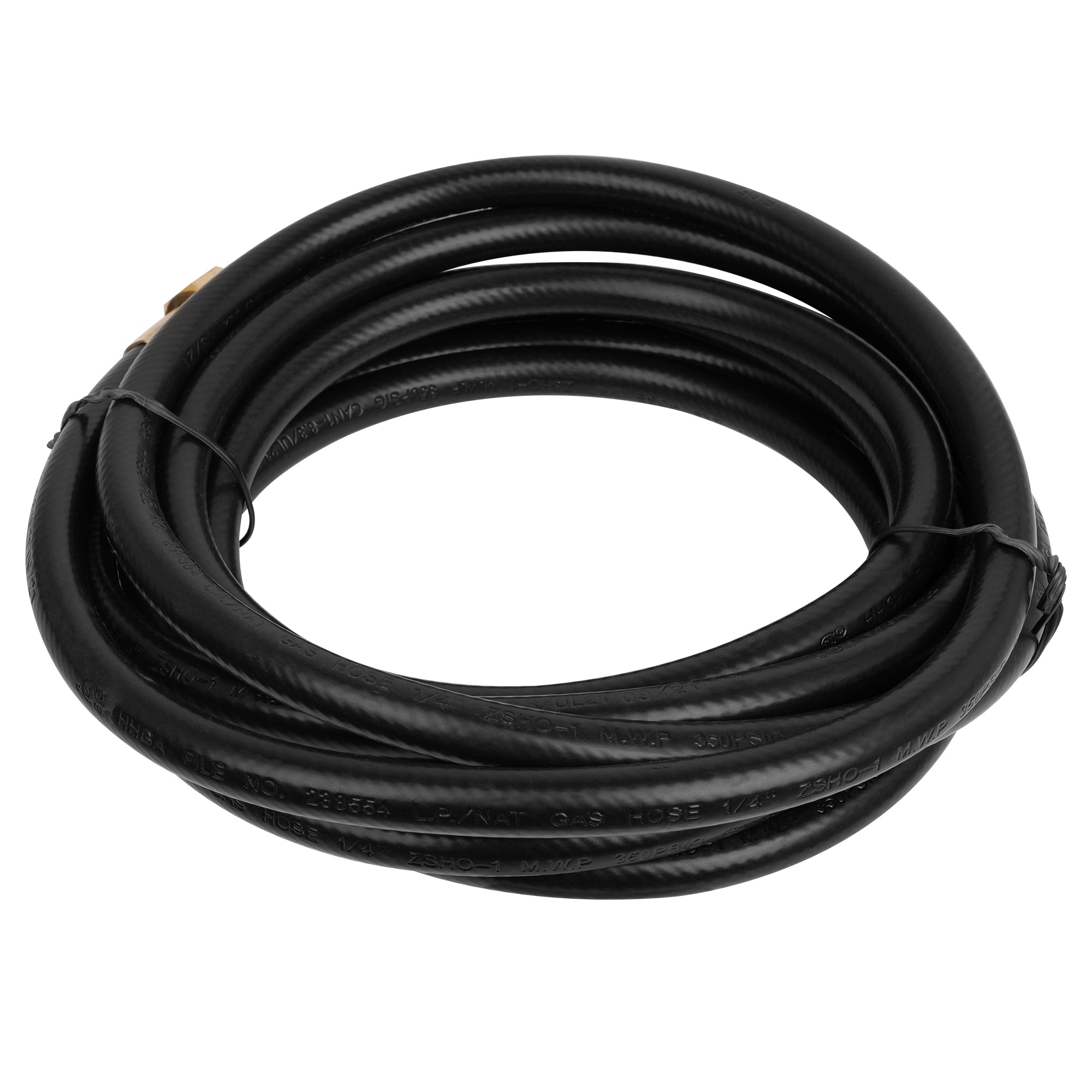 The Empava 15 FT RV Propane Quick Connect Hose EMPV-150EH44 is a coiled black rubber hose with a textured surface and brass fittings at both ends. It is tied with two plastic ties to maintain its coiled shape, set against a white background.