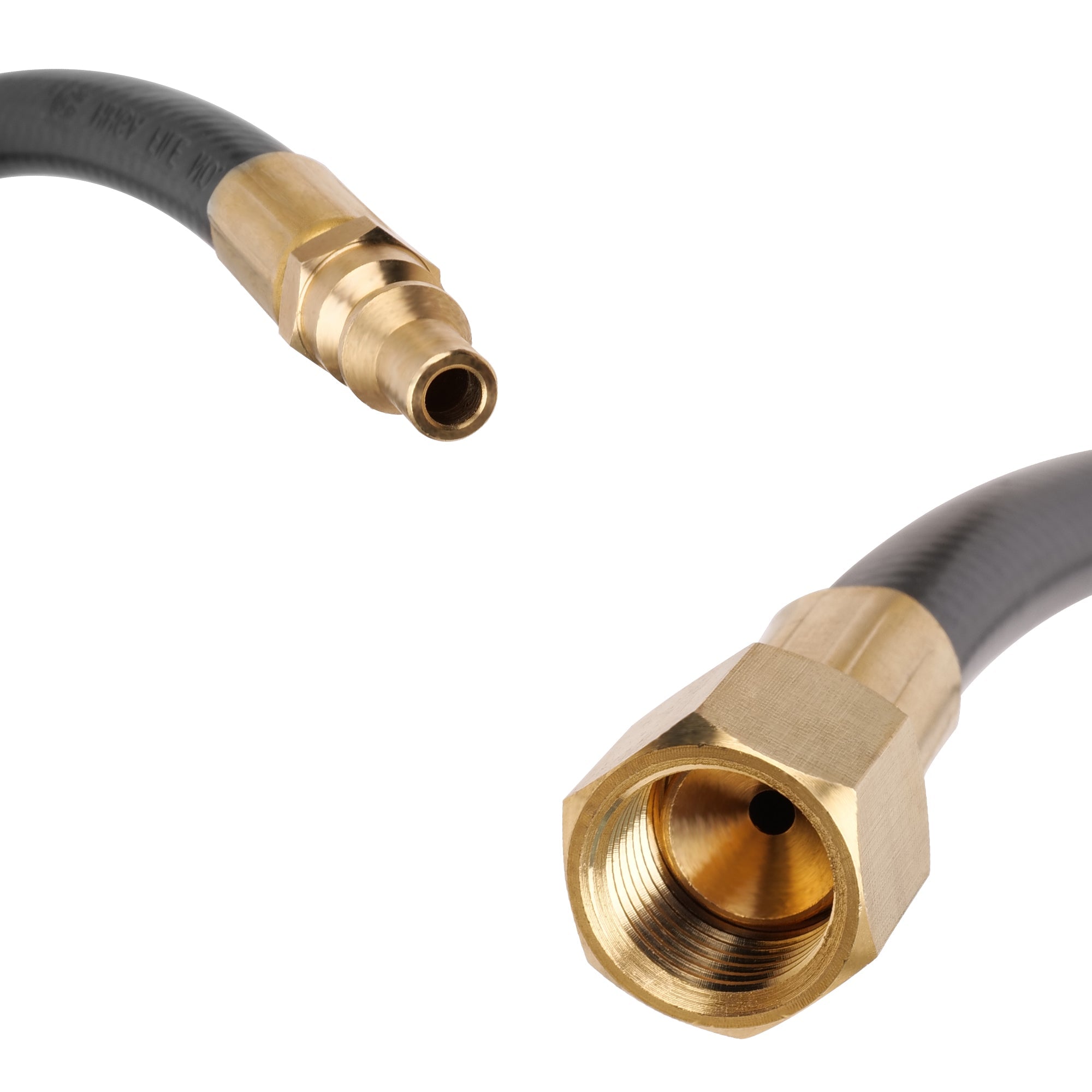 A close-up image of two ends of the Empava 15 FT RV Propane Quick Connect Hose EMPV-150EH44, showcasing its black rubber material with brass fittings. The top end features a male brass connector, while the bottom end has a female brass connector, both displaying threaded interiors and exteriors. The hose is slightly curved.