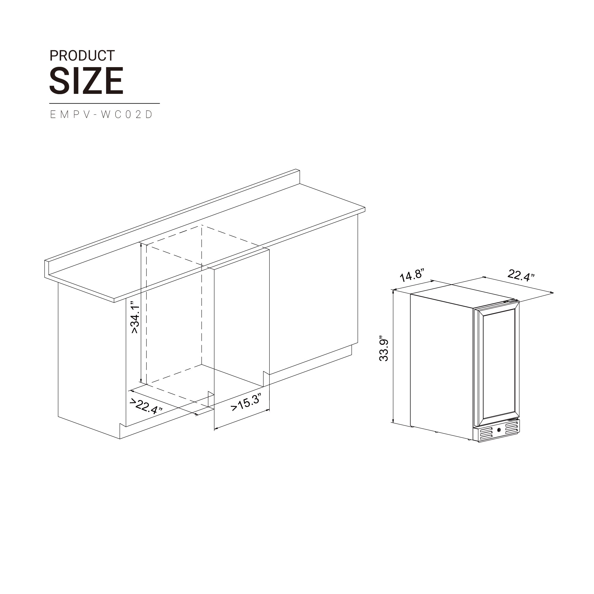 A technical drawing showing the dimensions of a built-in appliance space marked as Empava 15 Inch Dual Zone Small Wine Fridge from Empava appliances. The space measures 34.1" tall by 24" wide and more than 15.3" deep. The appliance is depicted beside it, measuring 33.9" tall, 14.6" wide, and 22.4" deep.
