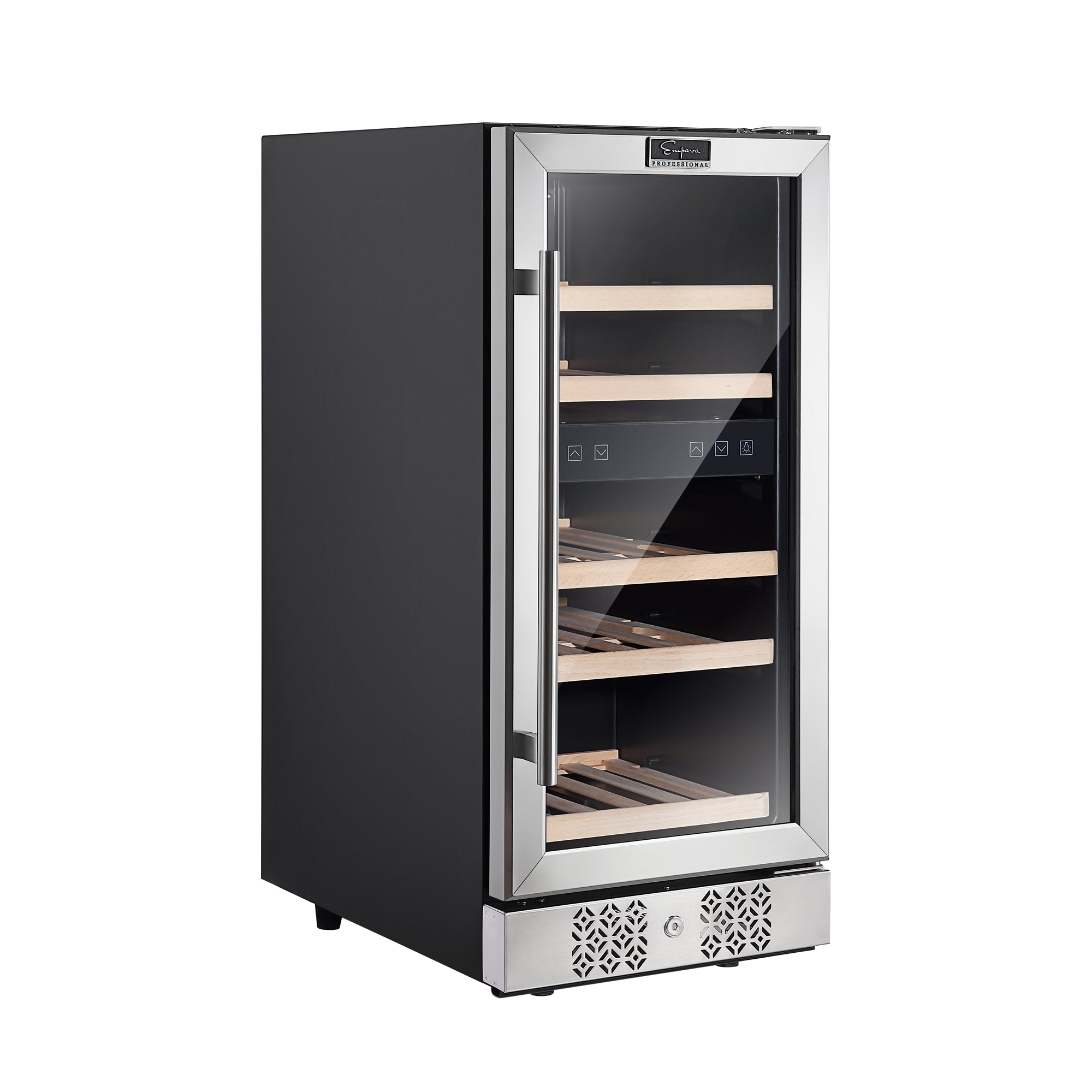 The Empava 15 Inch Dual Zone Small Wine Fridge features a sleek, modern design with a stainless steel frame and a glass door. Inside, its several wooden shelves are designed to hold wine bottles. The minimalistic and sophisticated design makes it perfect for contemporary kitchens or bars.