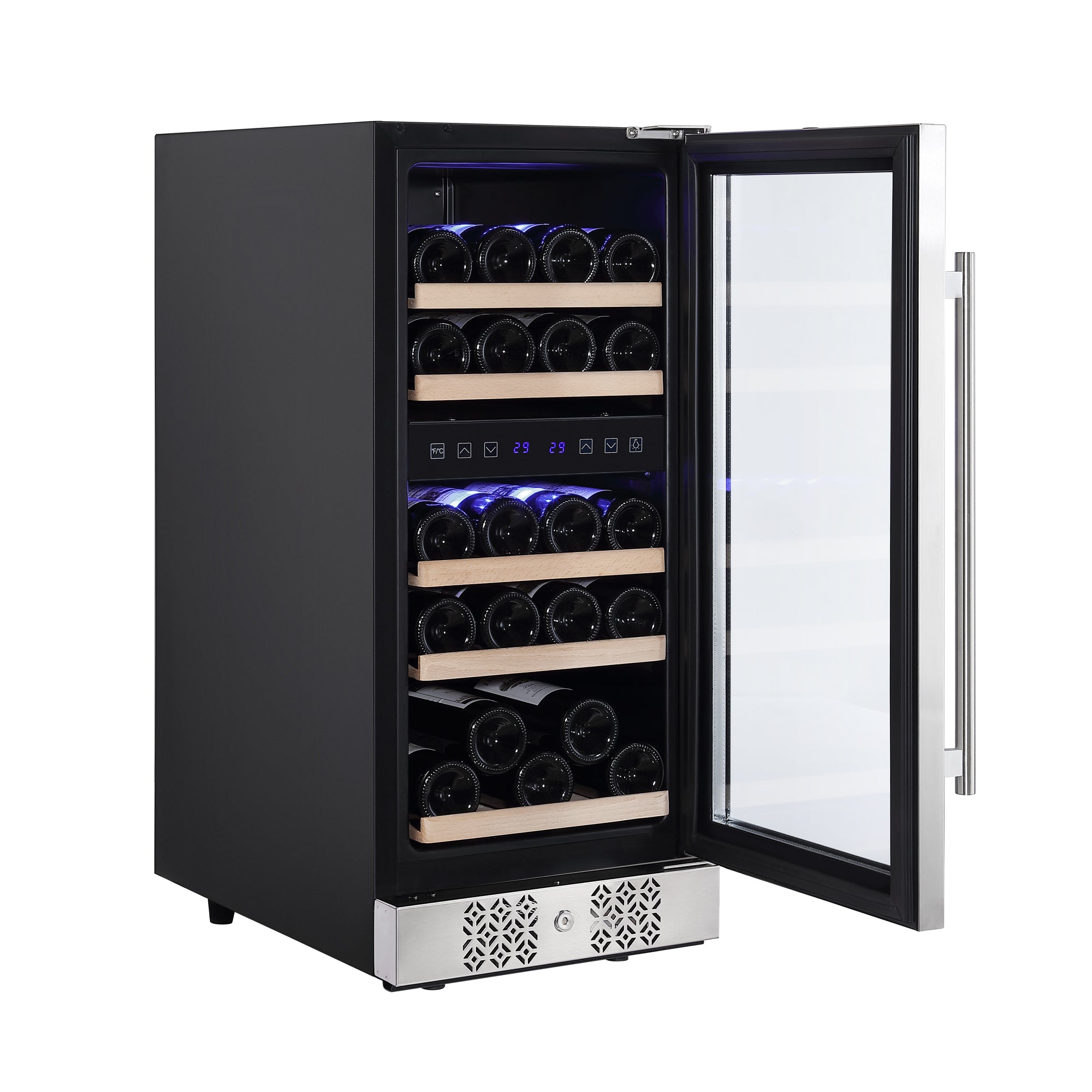 An Empava 15 Inch Dual Zone Small Wine Fridge with a transparent door reveals multiple wine bottles stored horizontally on wooden shelves inside. The black cooler door is slightly open, showing blue LED lighting and a digital control panel displaying the temperature settings.