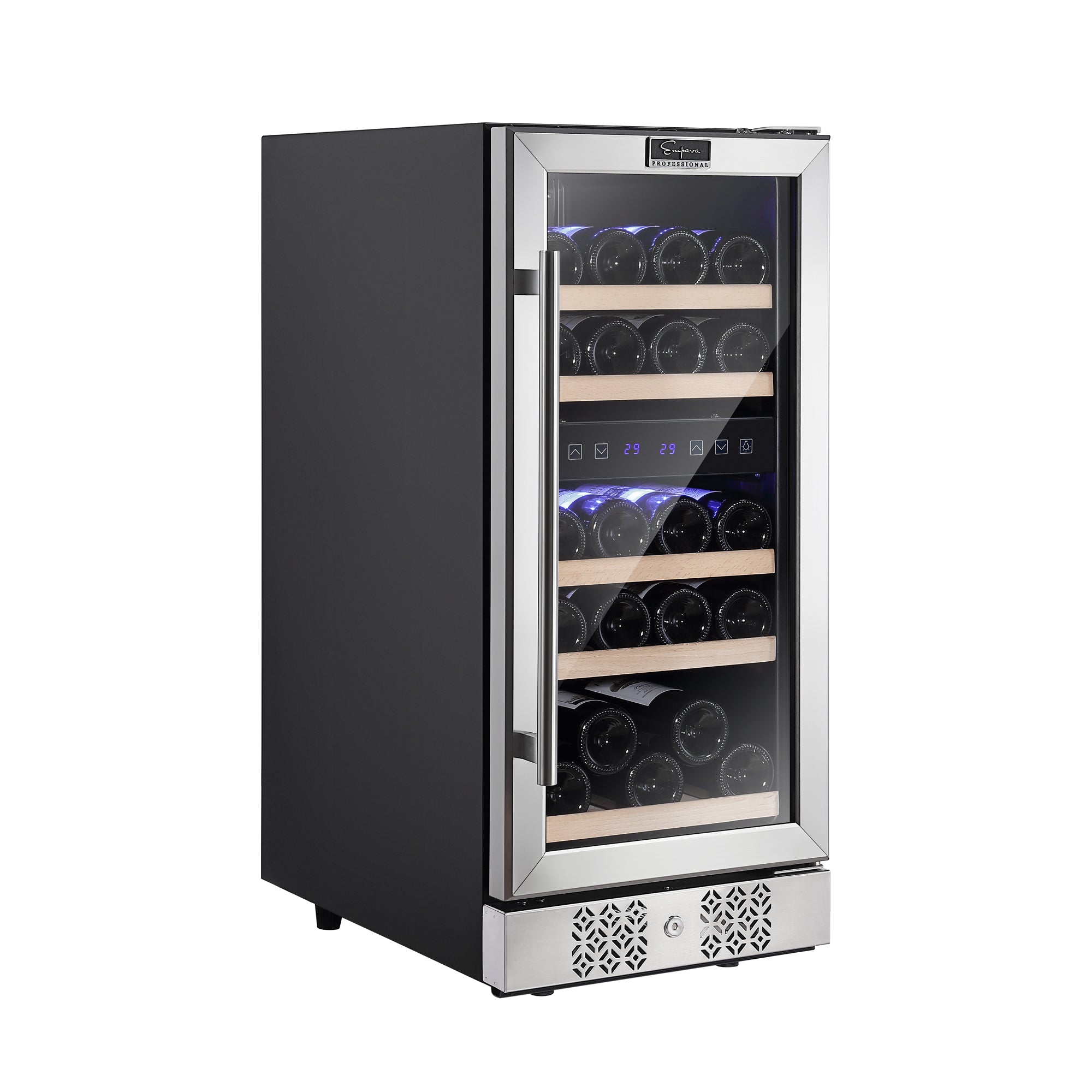 The Empava 15 Inch Dual Zone Small Wine Fridge is a sleek, modern wine storage solution featuring a glass door that showcases multiple wine bottles on wooden shelves. This black and stainless steel unit boasts digital controls with blue LED displays and interior lighting, making it ideal for both home and commercial use.