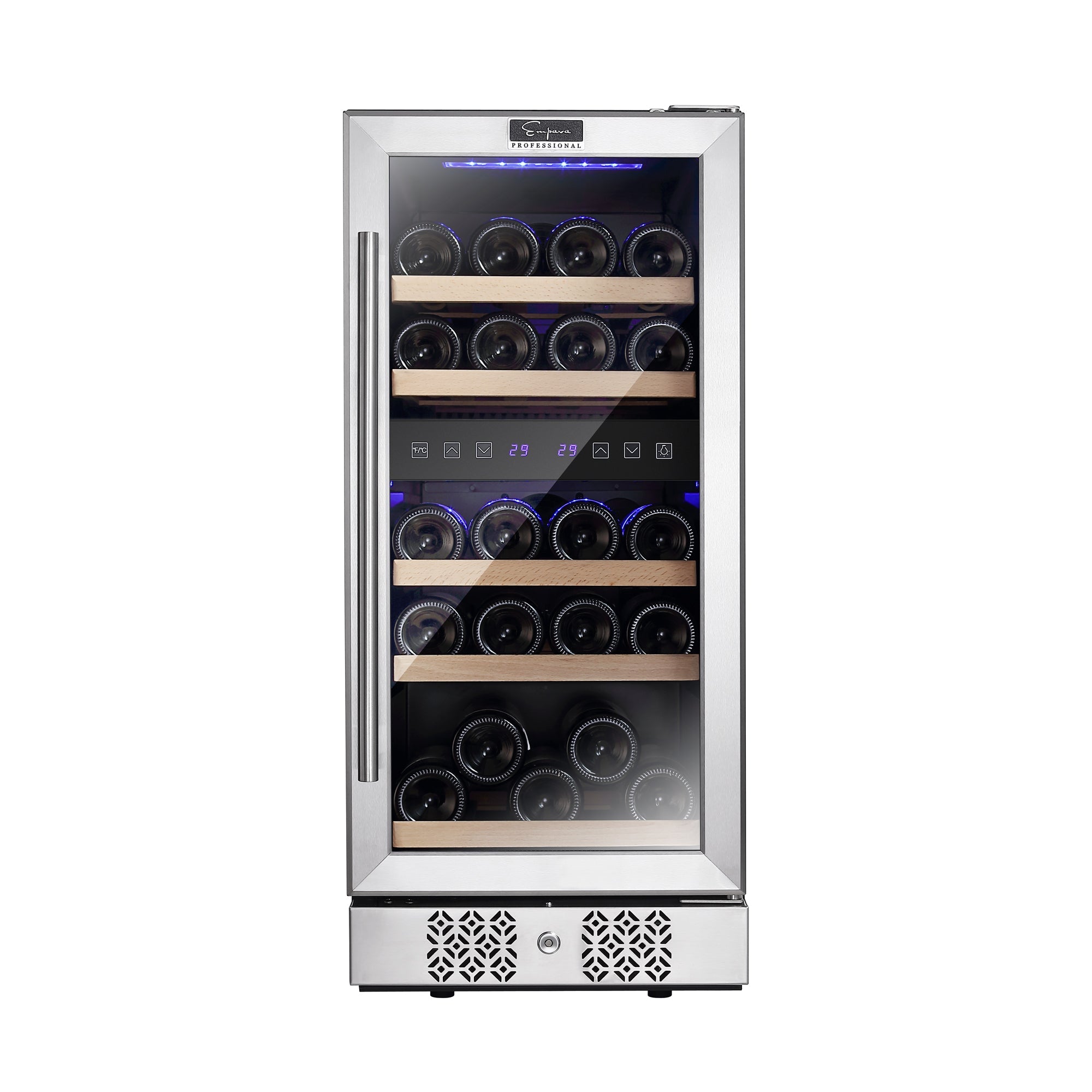 The Empava 15 Inch Dual Zone Small Wine Fridge, crafted from stainless steel, showcases multiple wine bottles horizontally arranged on sleek wooden shelves behind a glass door. The central control panel features digital temperature settings, and the interior is softly illuminated with blue LED lighting.