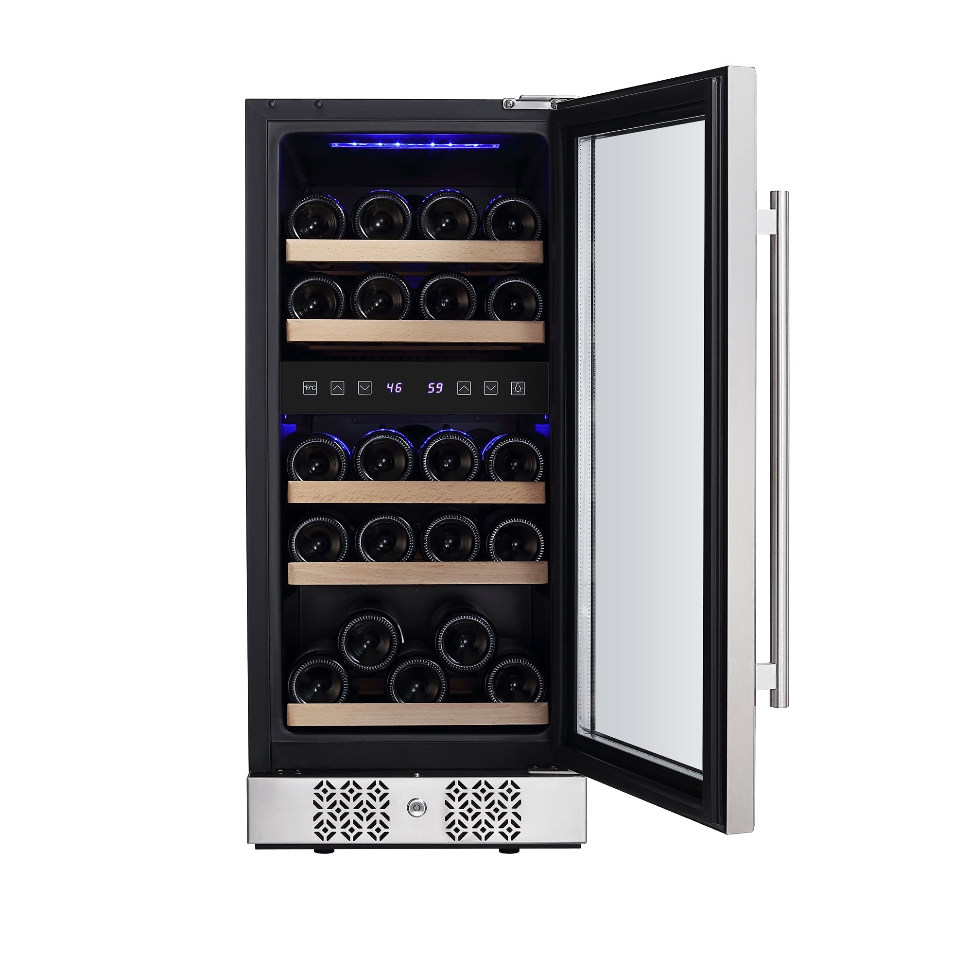 An Empava 15 Inch Dual Zone Small Wine Fridge with a glass door, partially open, reveals several rows of neatly stored wine bottles. The interior features wooden shelves, LED lighting, and a digital temperature display reading 59 degrees.